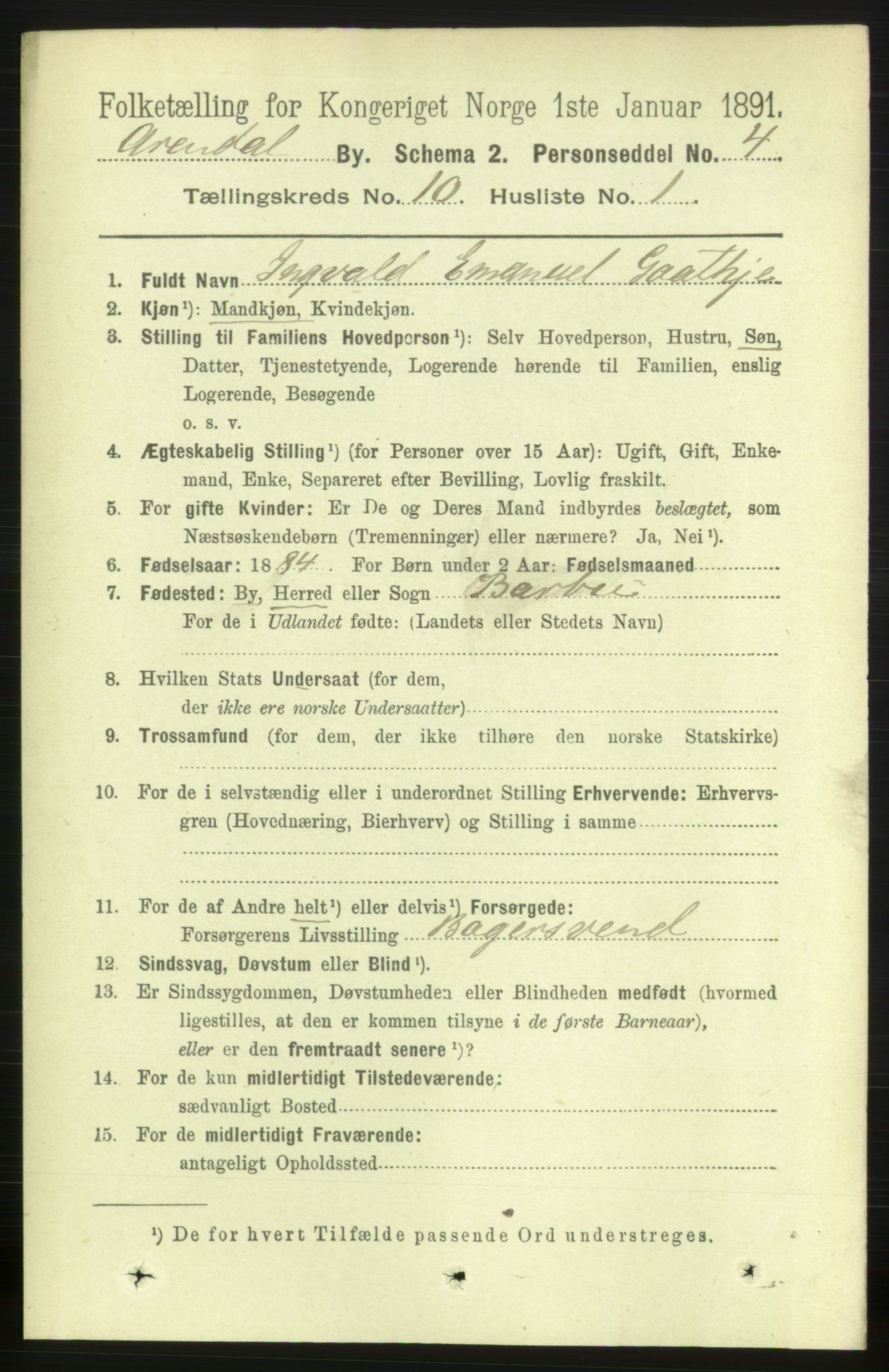 RA, 1891 census for 0903 Arendal, 1891, p. 3640