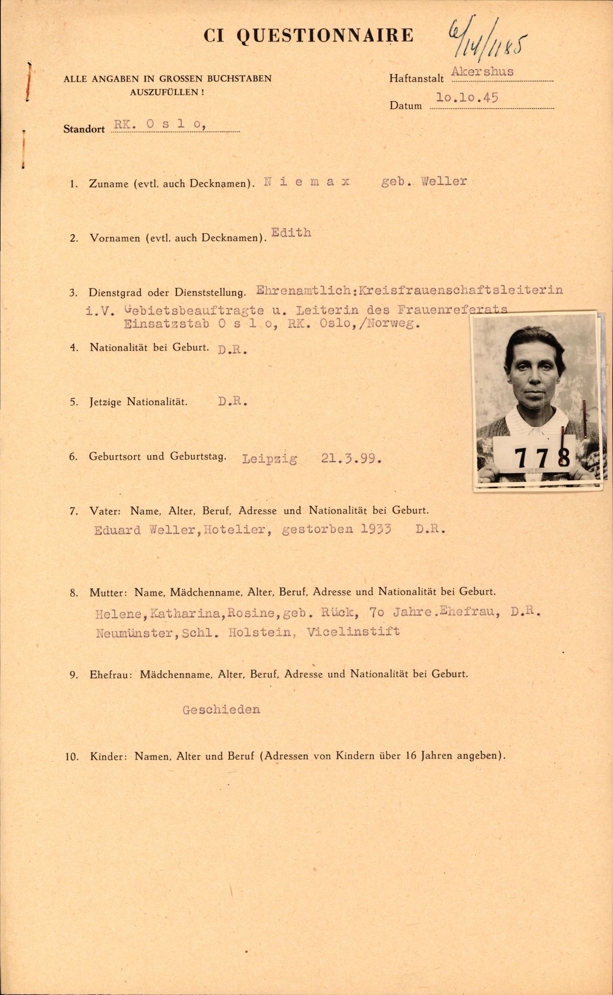 Forsvaret, Forsvarets overkommando II, AV/RA-RAFA-3915/D/Db/L0024: CI Questionaires. Tyske okkupasjonsstyrker i Norge. Tyskere., 1945-1946, p. 156