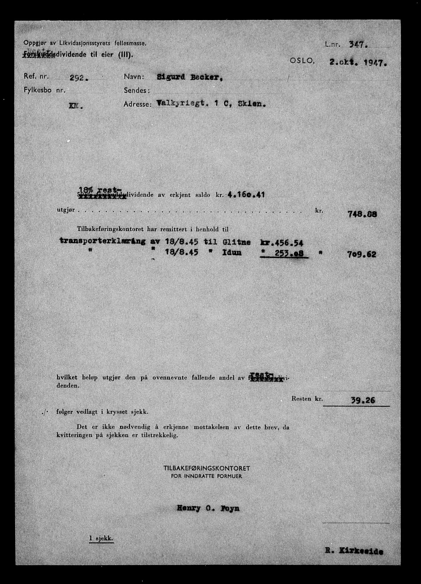 Justisdepartementet, Tilbakeføringskontoret for inndratte formuer, AV/RA-S-1564/H/Hc/Hcd/L0991: --, 1945-1947, p. 7