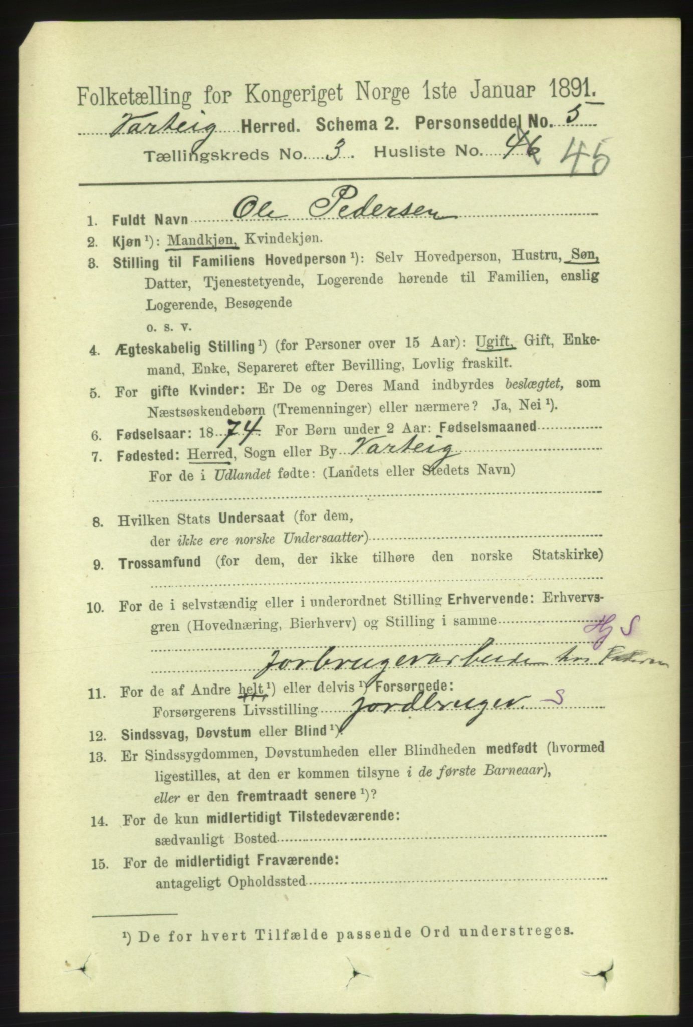 RA, 1891 census for 0114 Varteig, 1891, p. 1392