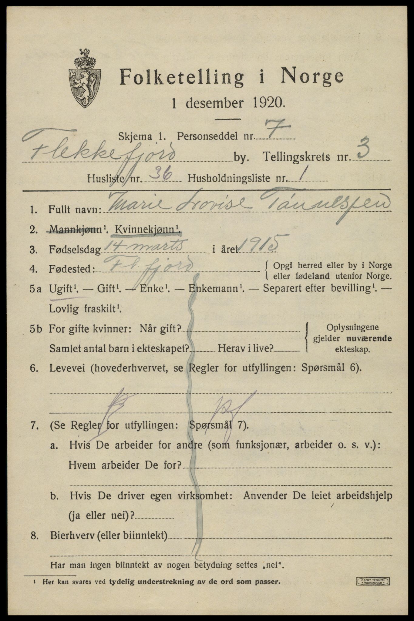 SAK, 1920 census for Flekkefjord, 1920, p. 3832