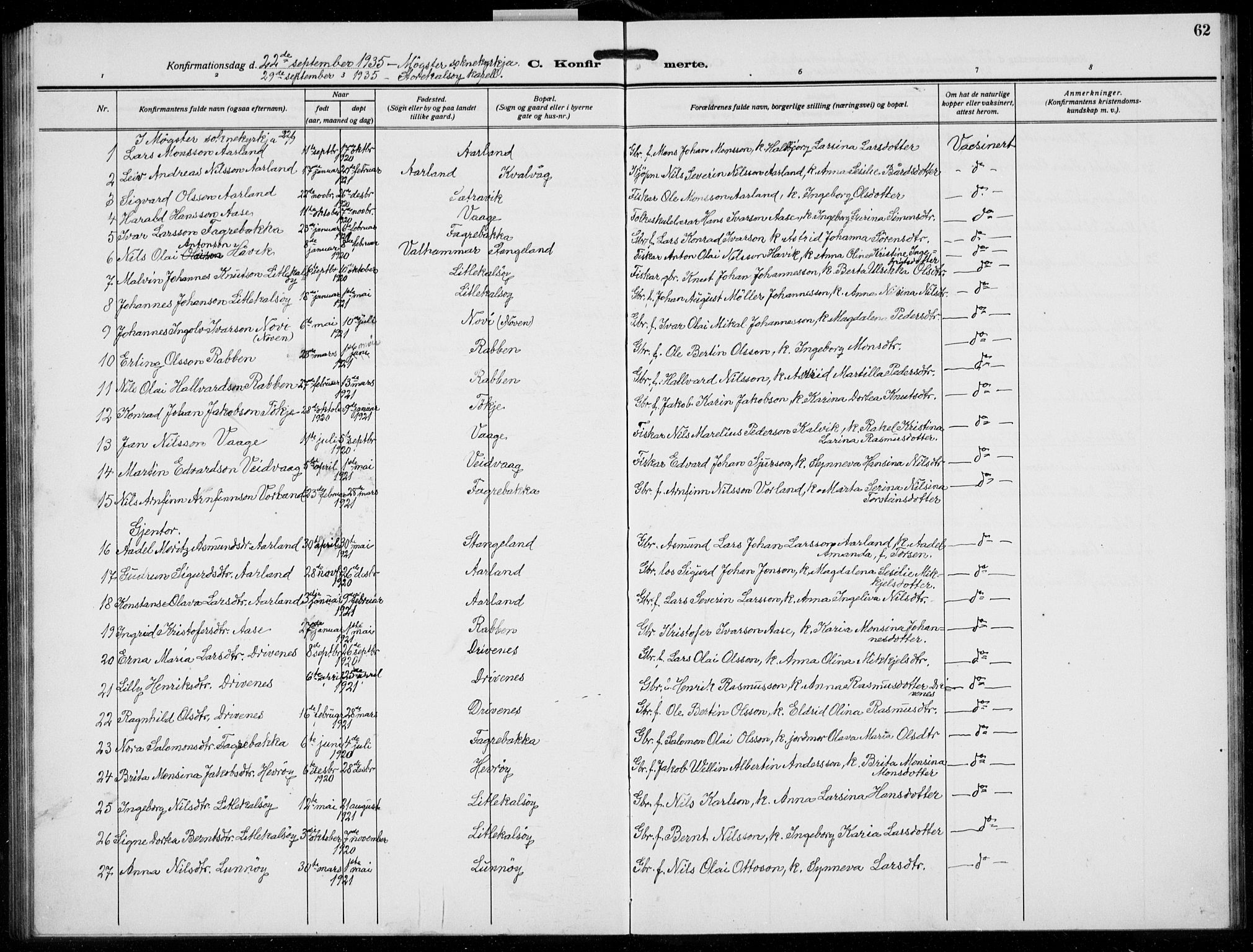 Austevoll sokneprestembete, AV/SAB-A-74201/H/Ha/Hab/Habb/L0007: Parish register (copy) no. B 7, 1926-1939, p. 62