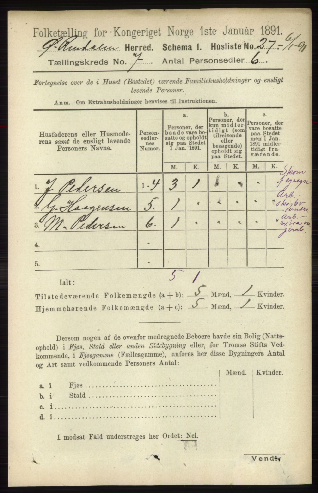 RA, 1891 census for 0433 Øvre Rendal, 1891, p. 1811