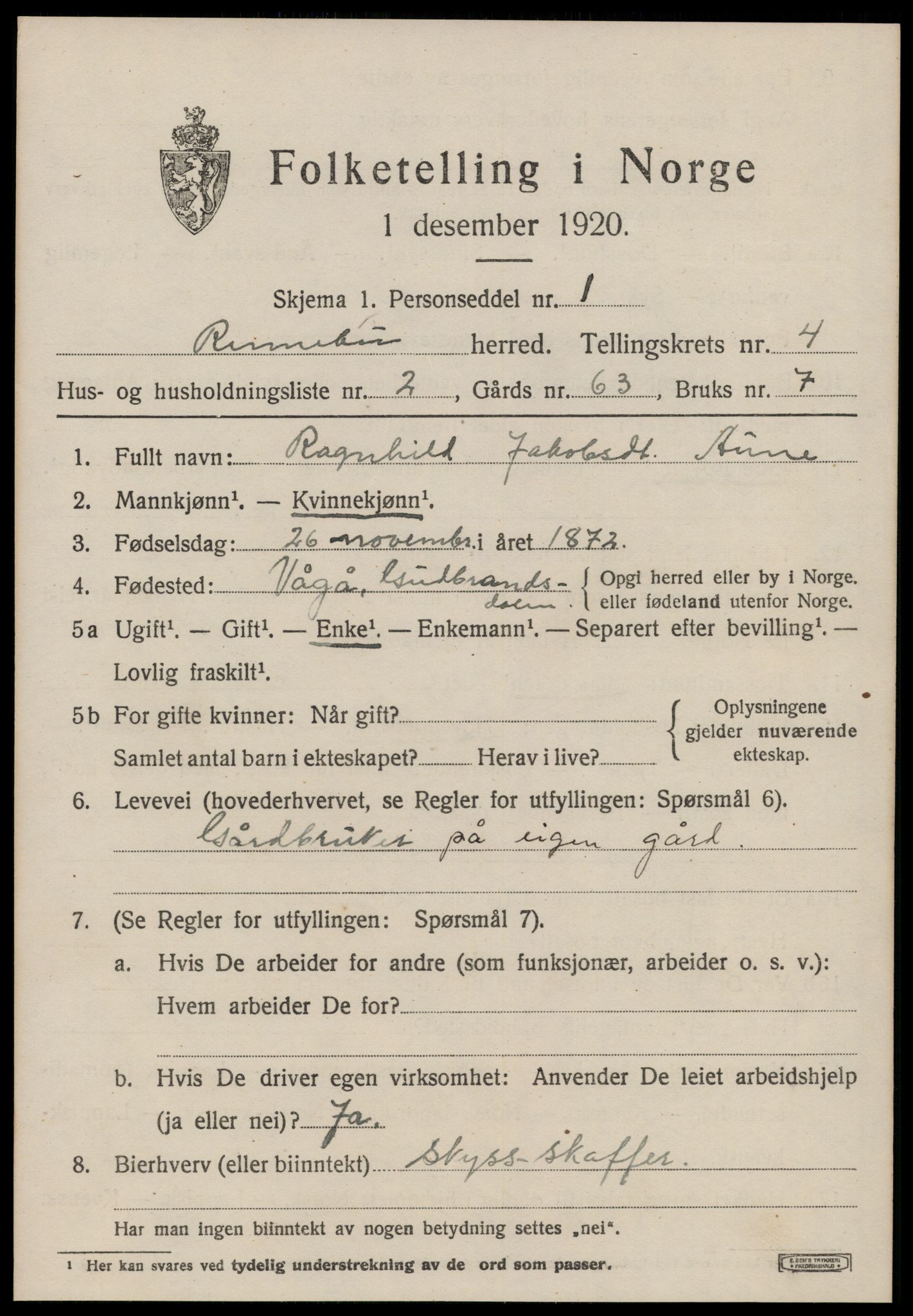 SAT, 1920 census for Rennebu, 1920, p. 2536