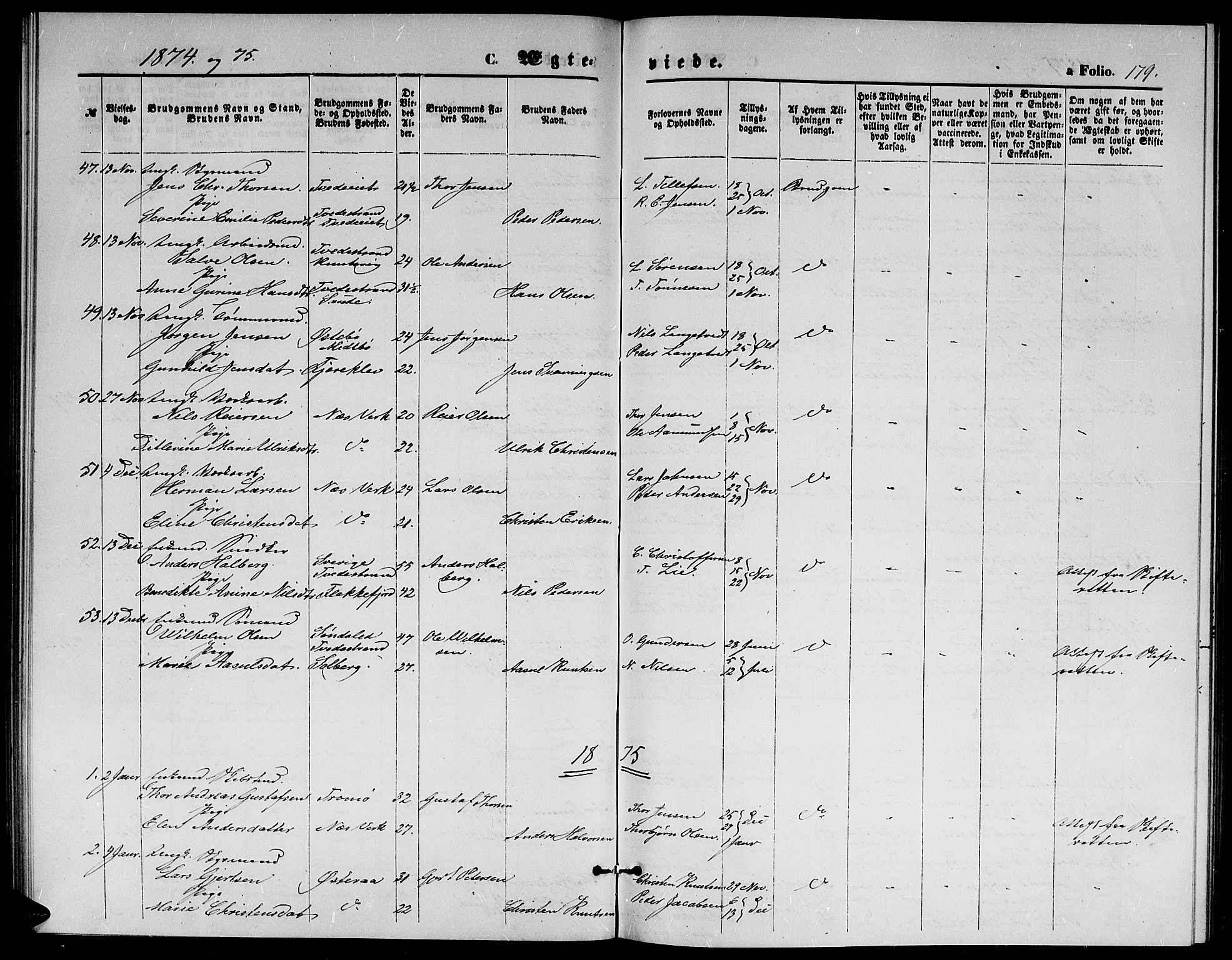 Holt sokneprestkontor, AV/SAK-1111-0021/F/Fb/L0009: Parish register (copy) no. B 9, 1871-1883, p. 179