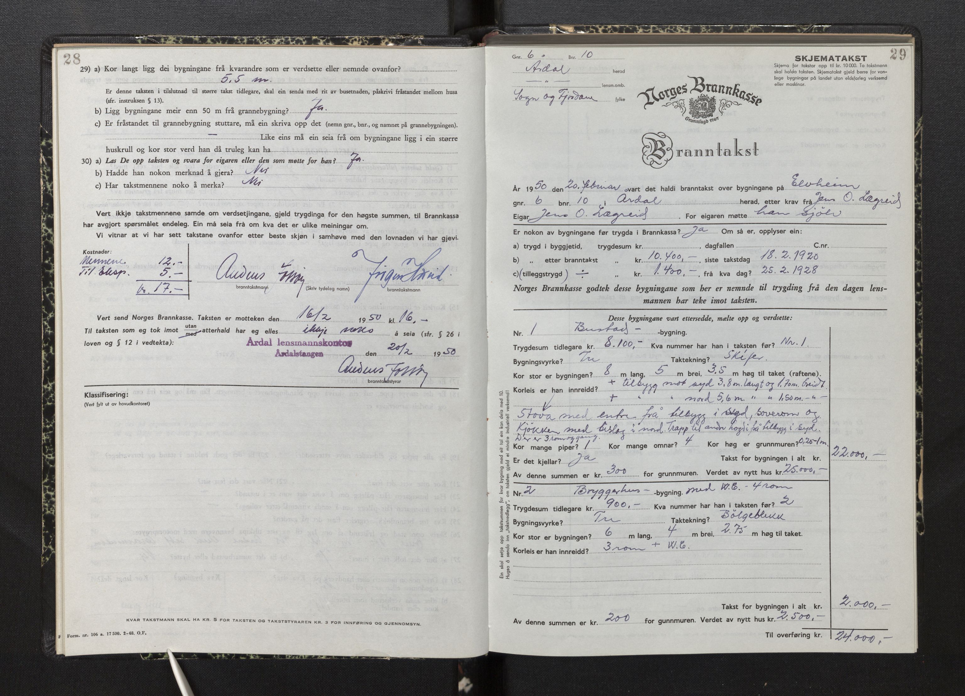 Lensmannen i Årdal, AV/SAB-A-30501/0012/L0012: Branntakstprotokoll, skjematakst, 1949-1955, p. 28-29