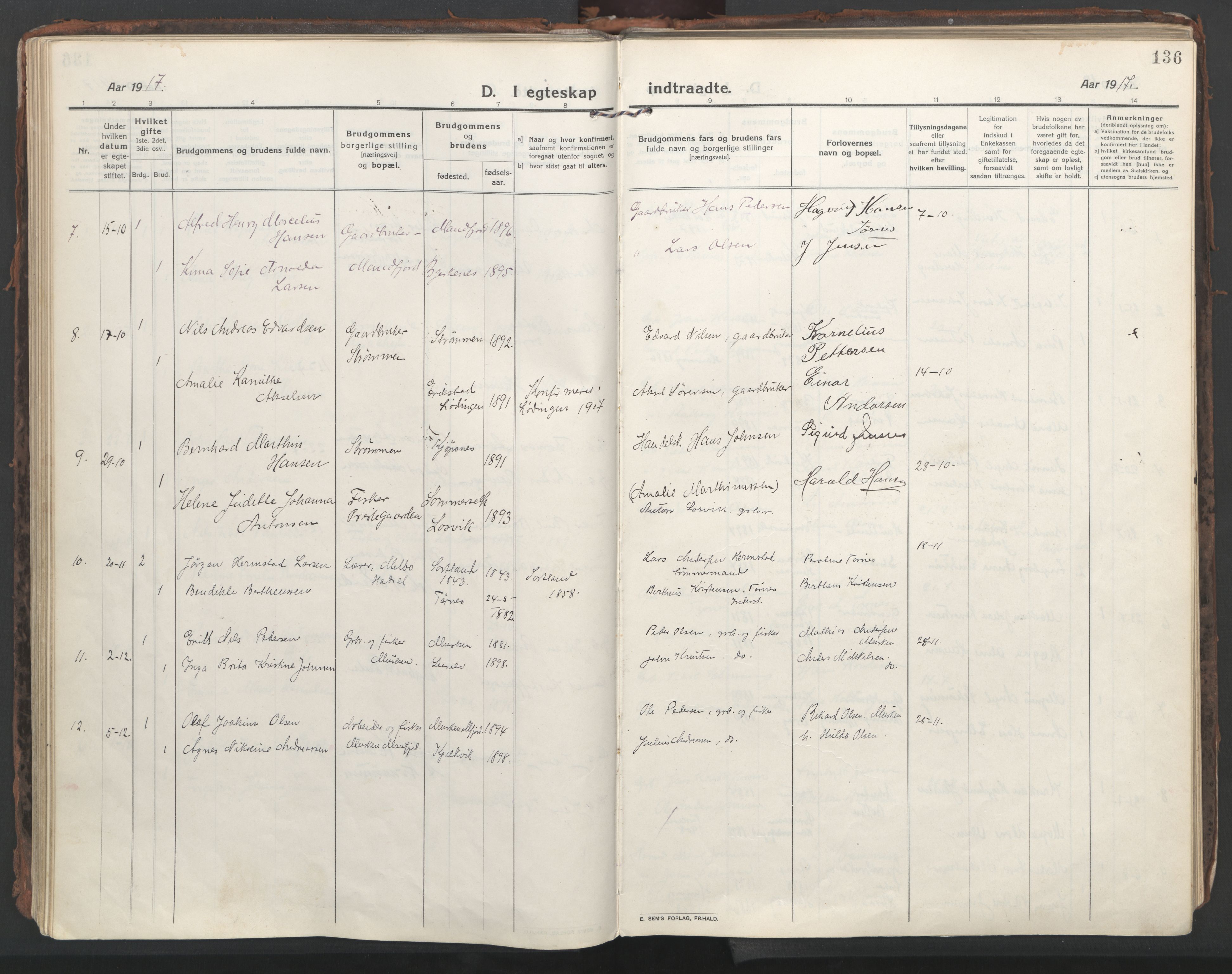 Ministerialprotokoller, klokkerbøker og fødselsregistre - Nordland, AV/SAT-A-1459/861/L0872: Parish register (official) no. 861A07, 1915-1924, p. 136