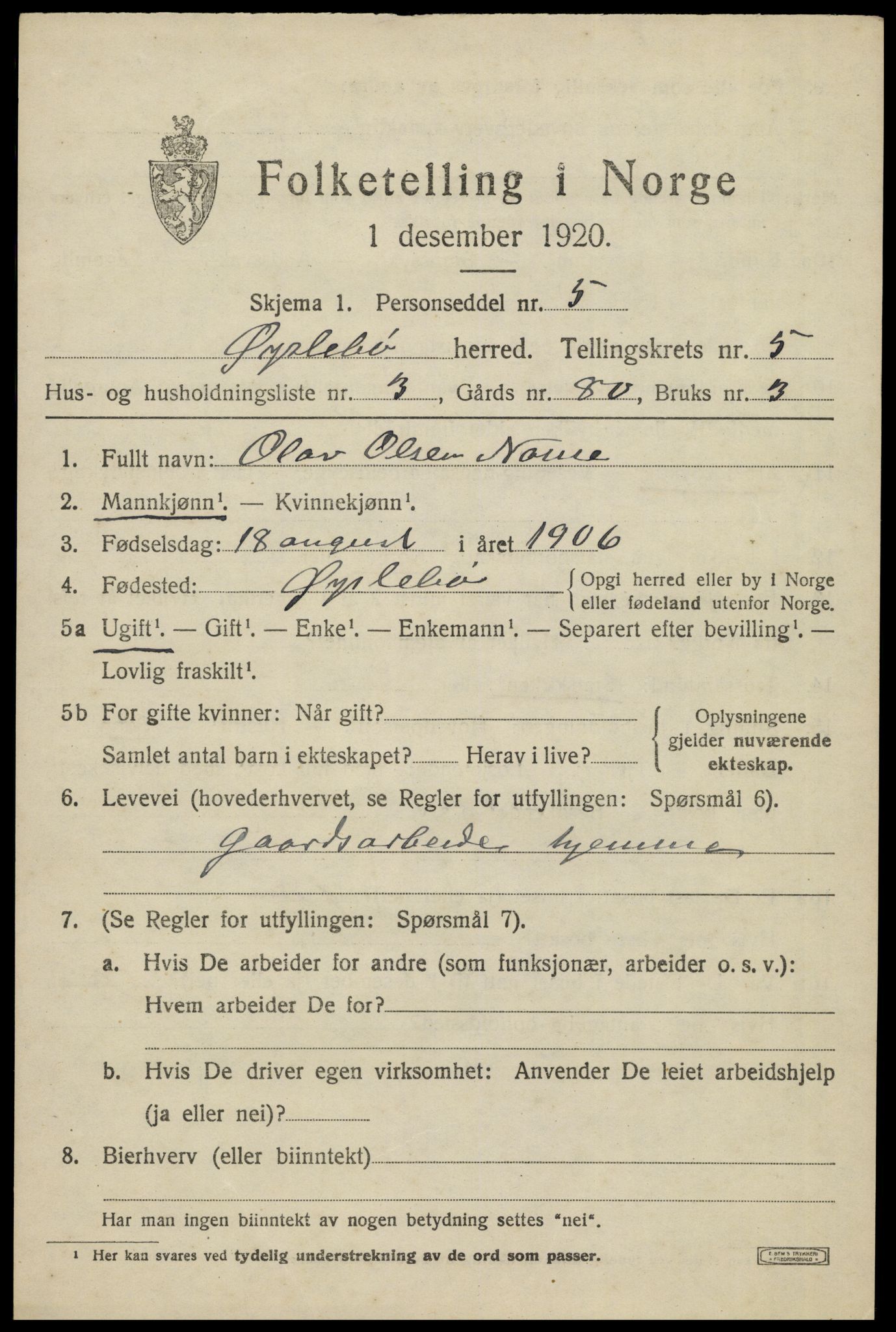 SAK, 1920 census for Øyslebø, 1920, p. 1312