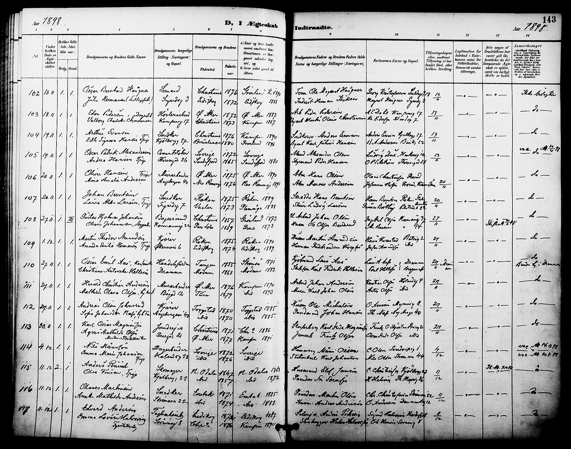 Kampen prestekontor Kirkebøker, AV/SAO-A-10853/F/Fa/L0008: Parish register (official) no. I 8, 1892-1902, p. 143