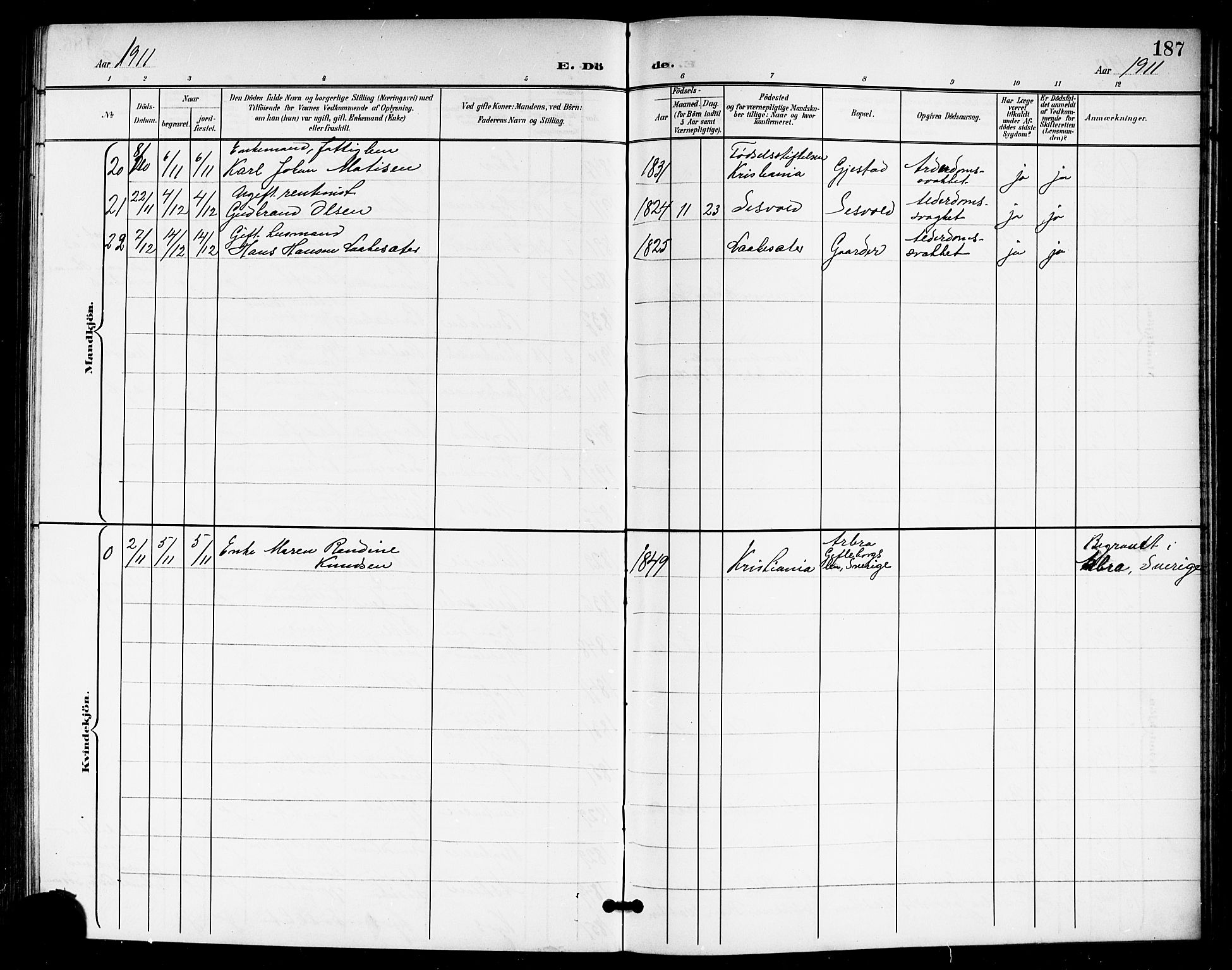 Ullensaker prestekontor Kirkebøker, AV/SAO-A-10236a/G/Gb/L0001: Parish register (copy) no. II 1, 1901-1917, p. 187