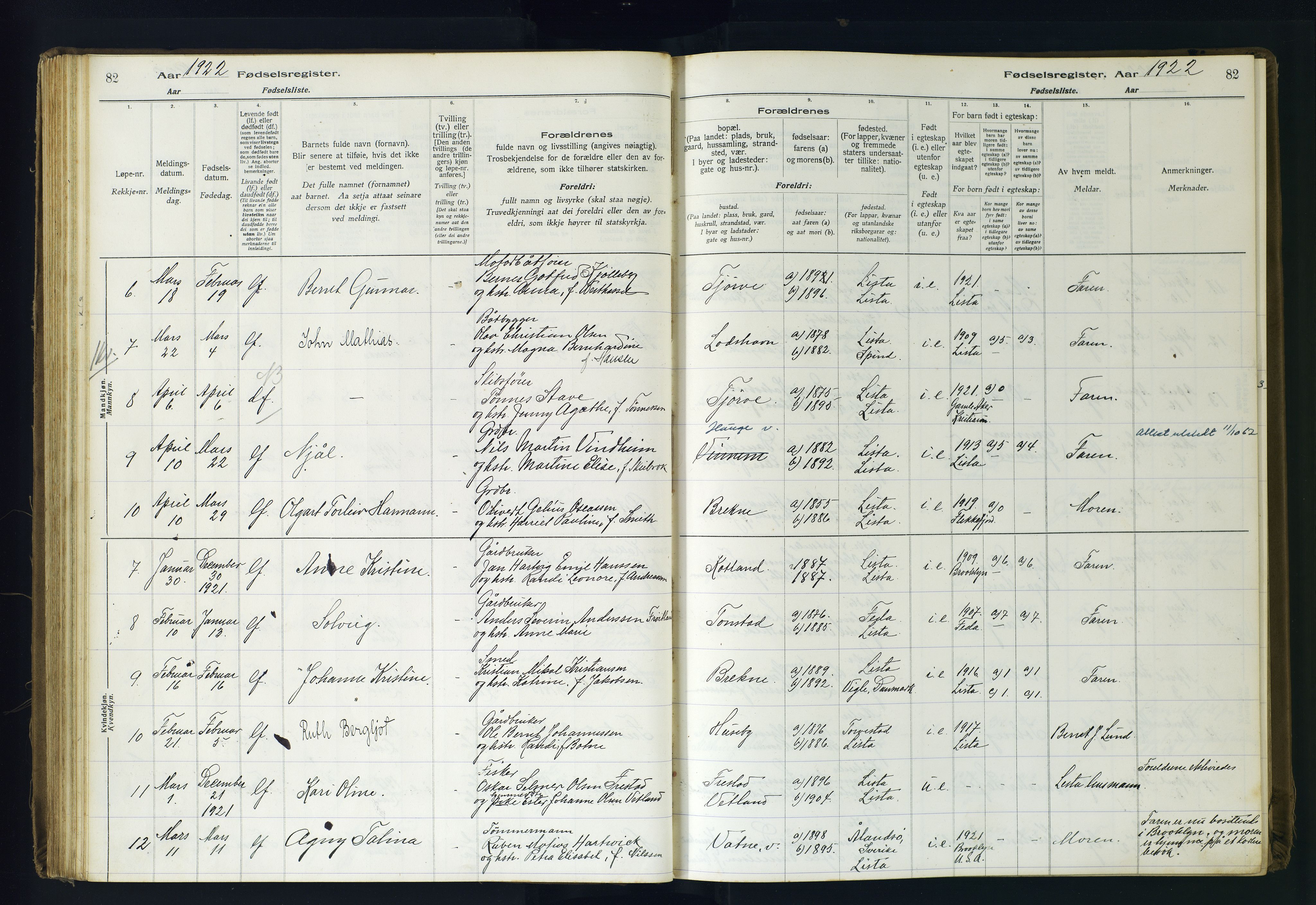 Lista sokneprestkontor, AV/SAK-1111-0027/J/Ja/L0001: Birth register no. A-VI-30, 1916-1934, p. 82