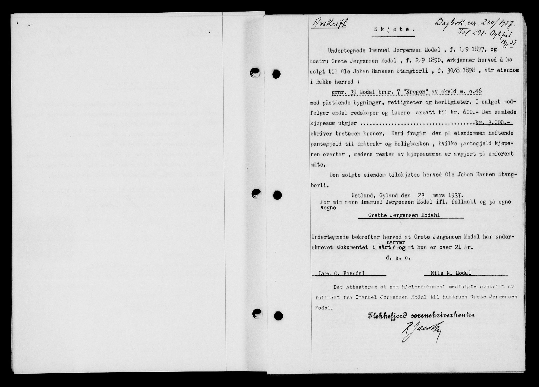 Flekkefjord sorenskriveri, SAK/1221-0001/G/Gb/Gba/L0053: Mortgage book no. A-1, 1936-1937, Diary no: : 280/1937