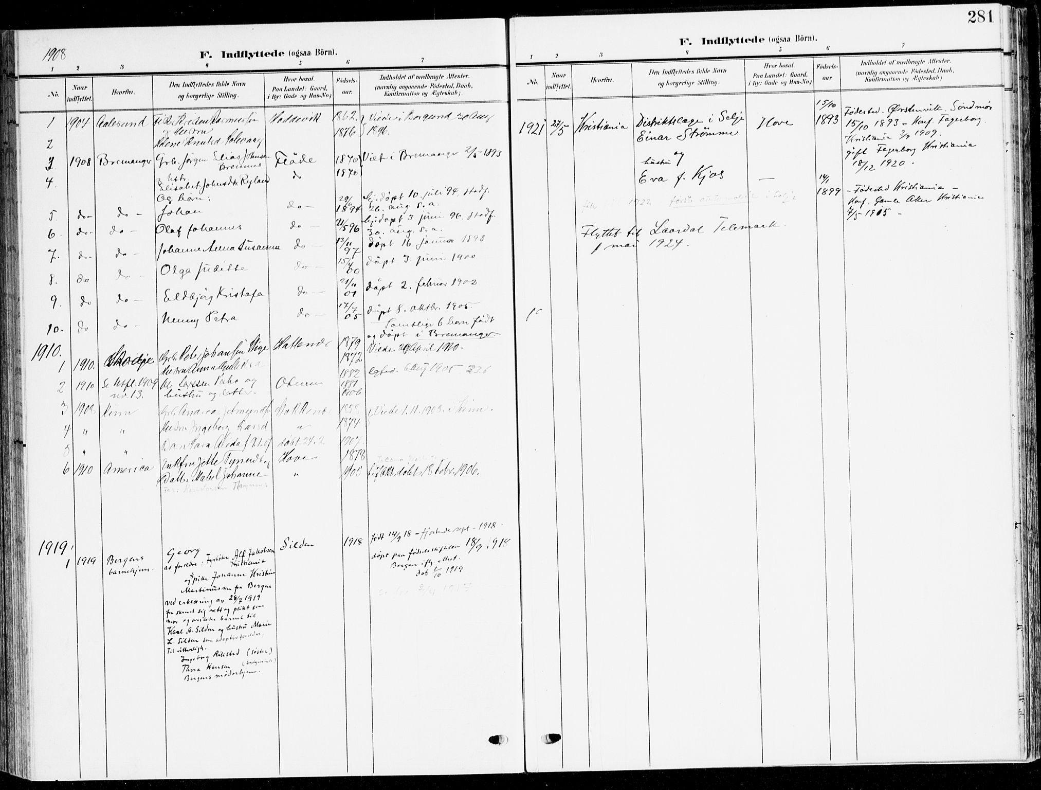Selje sokneprestembete, SAB/A-99938/H/Ha/Haa/Haab: Parish register (official) no. B 3, 1908-1923, p. 281