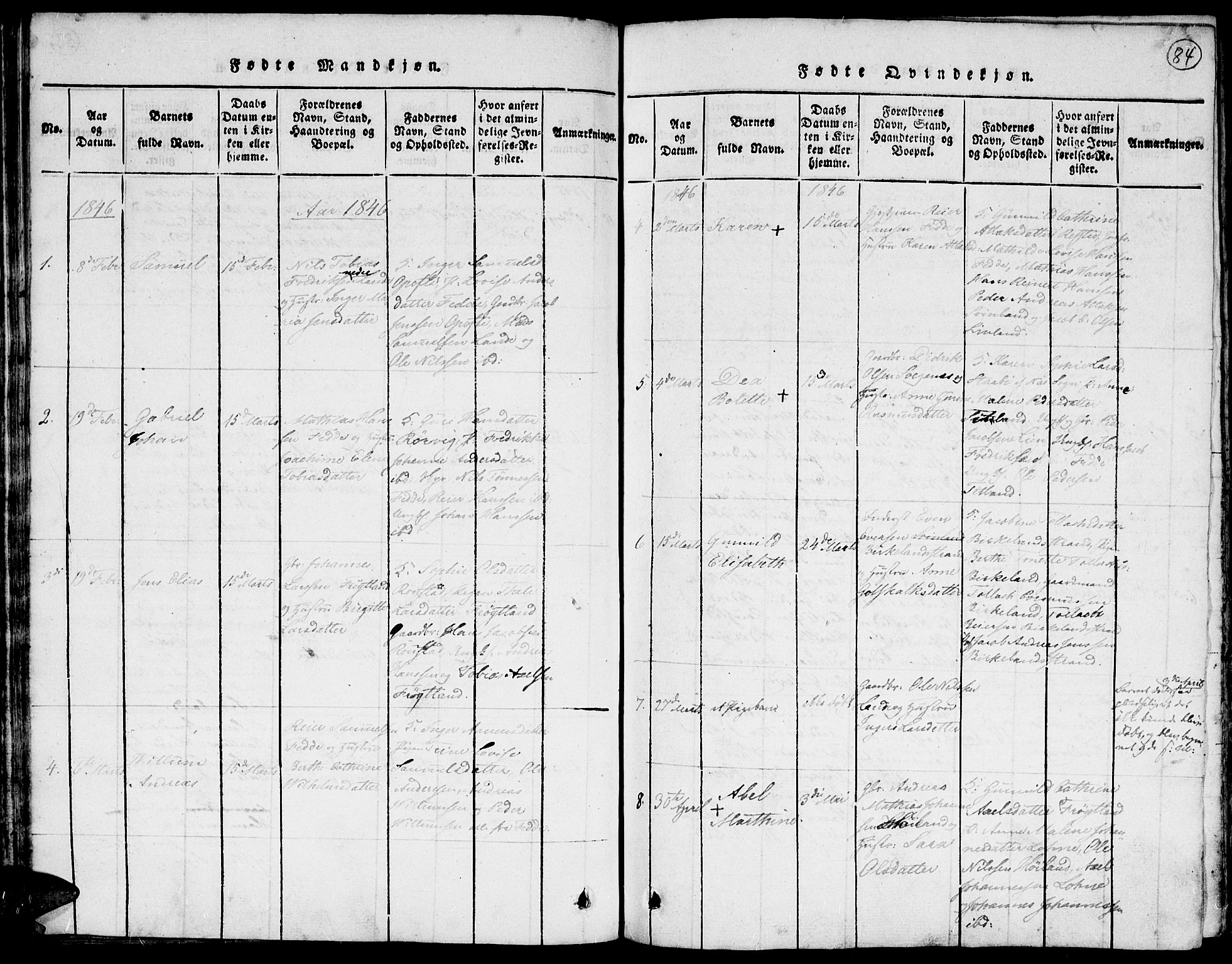 Kvinesdal sokneprestkontor, SAK/1111-0026/F/Fa/Faa/L0001: Parish register (official) no. A 1, 1815-1849, p. 84