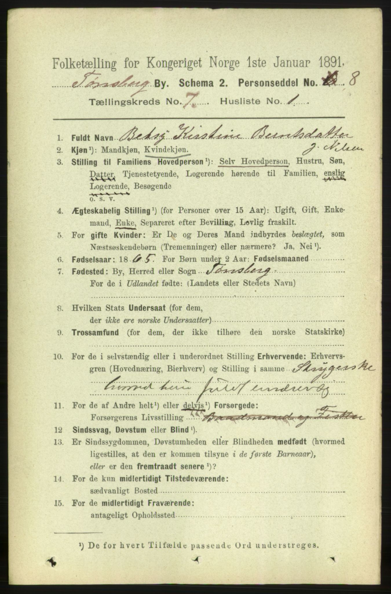 RA, 1891 census for 0705 Tønsberg, 1891, p. 2722