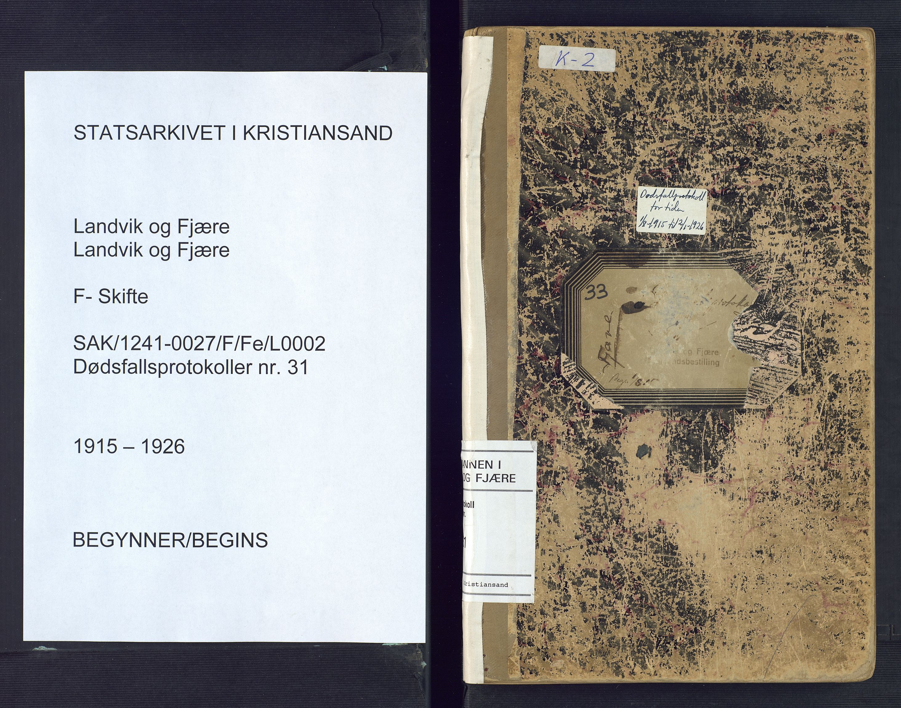 Landvik og Fjære lensmannskontor, AV/SAK-1241-0027/F/Fe/L0002: Anmeldte dødsfall nr 31, 1915-1926