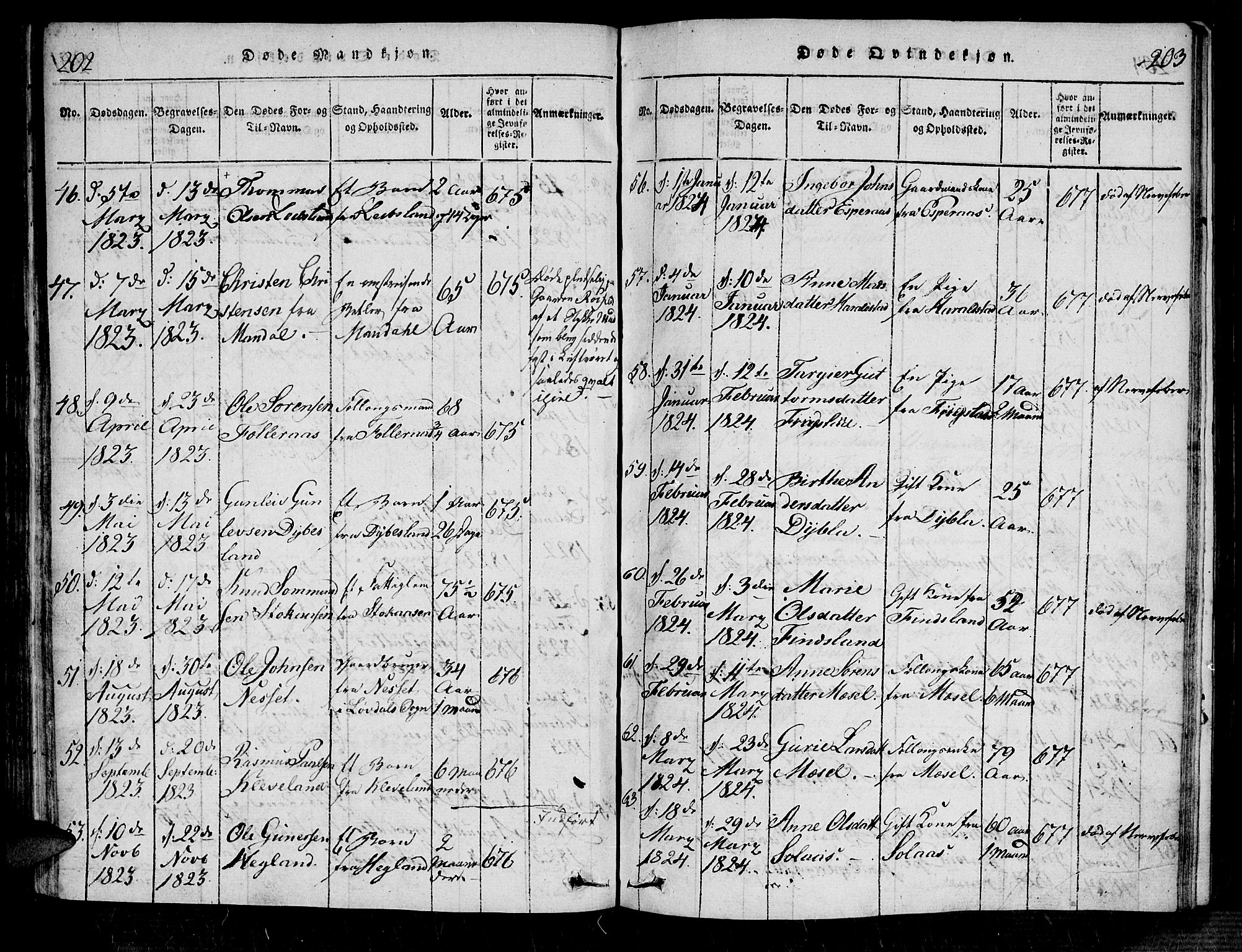 Bjelland sokneprestkontor, SAK/1111-0005/F/Fa/Fab/L0002: Parish register (official) no. A 2, 1816-1869, p. 202-203