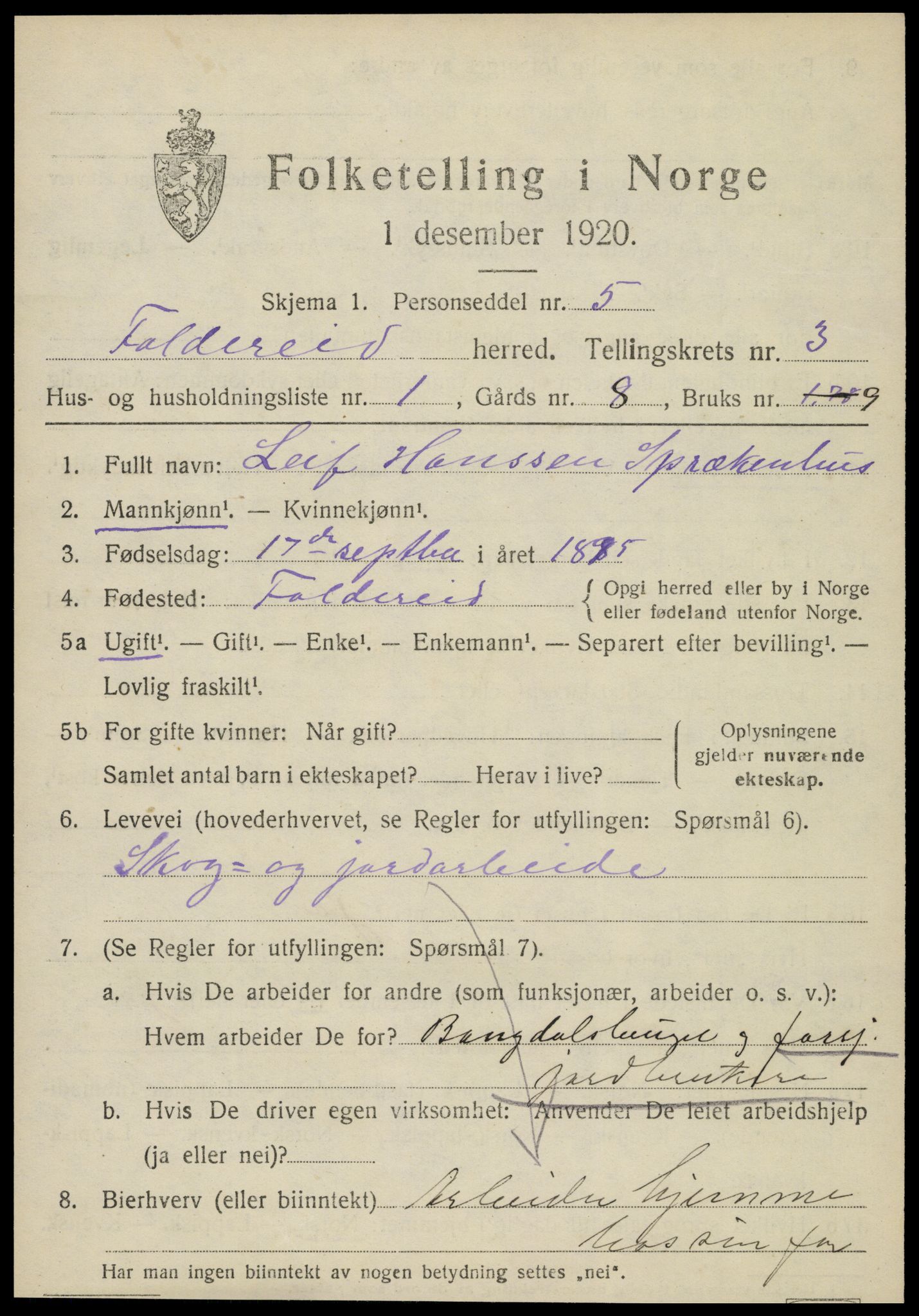 SAT, 1920 census for Foldereid, 1920, p. 1182