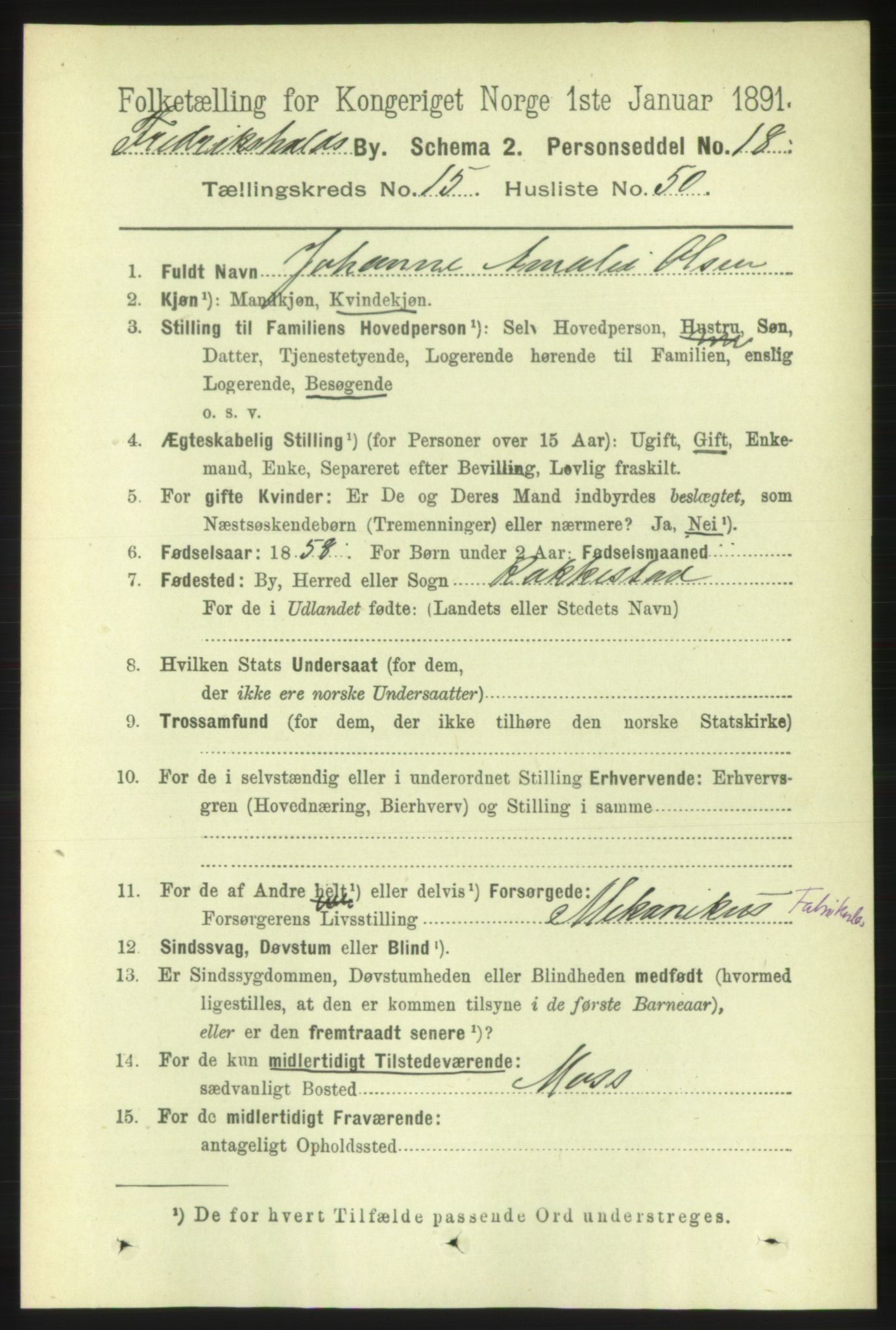 RA, 1891 census for 0101 Fredrikshald, 1891, p. 10055