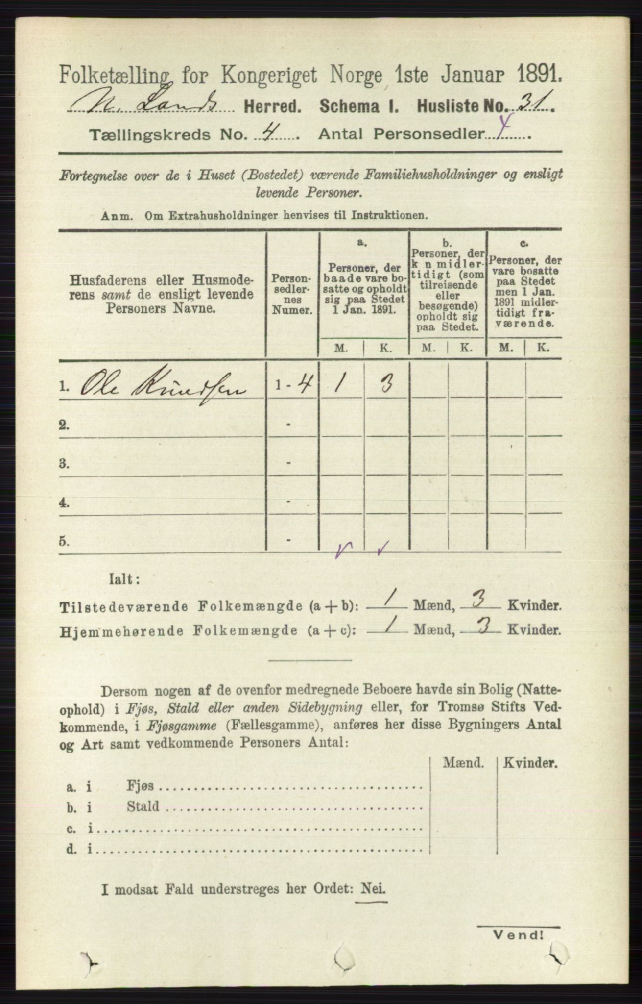 RA, 1891 census for 0538 Nordre Land, 1891, p. 1336