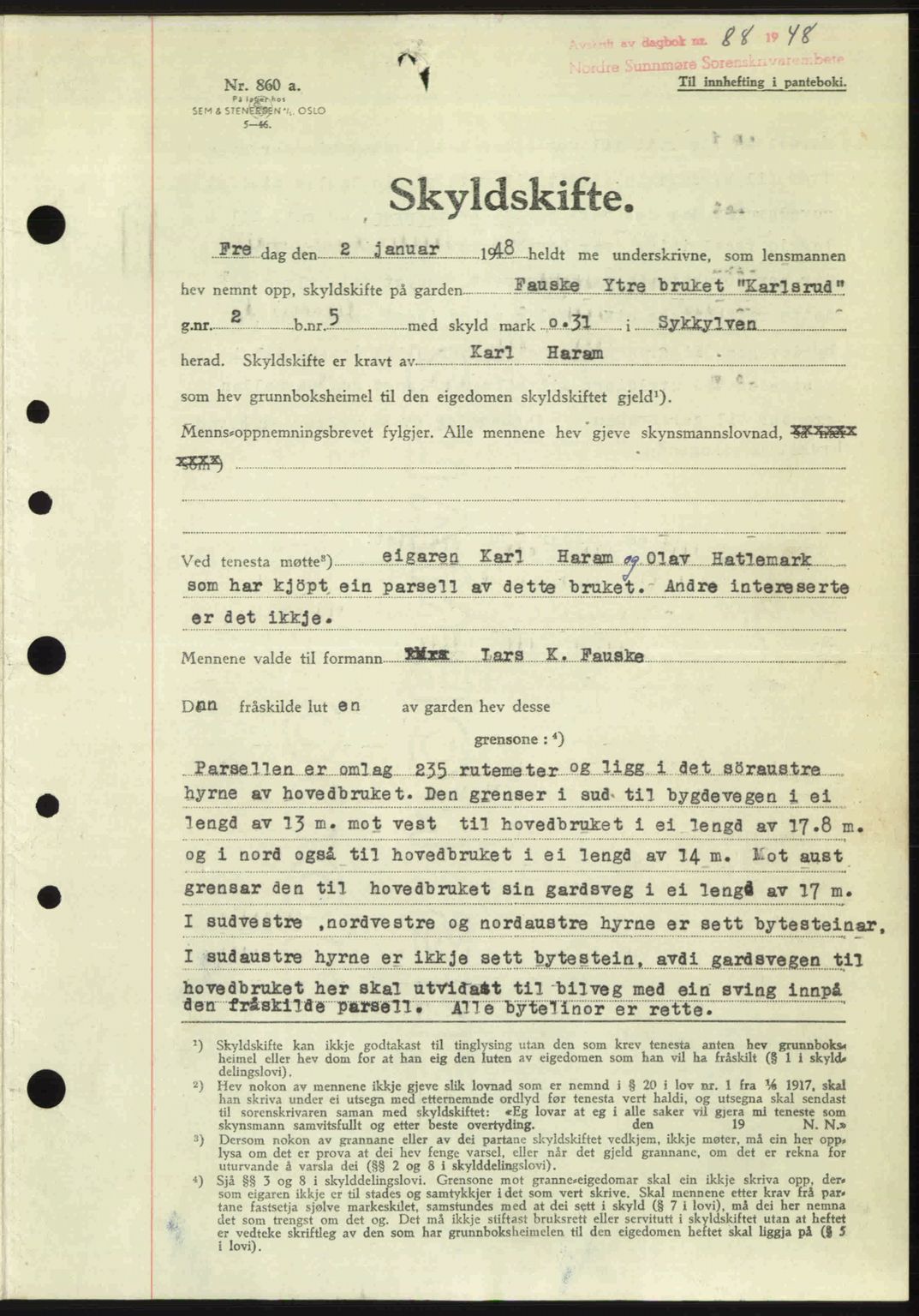 Nordre Sunnmøre sorenskriveri, AV/SAT-A-0006/1/2/2C/2Ca: Mortgage book no. A26, 1947-1948, Diary no: : 88/1948