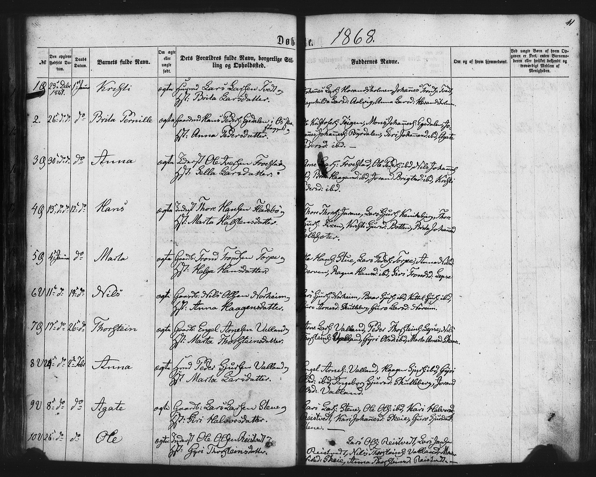 Kvam sokneprestembete, SAB/A-76201/H/Haa: Parish register (official) no. A 9, 1864-1879, p. 41