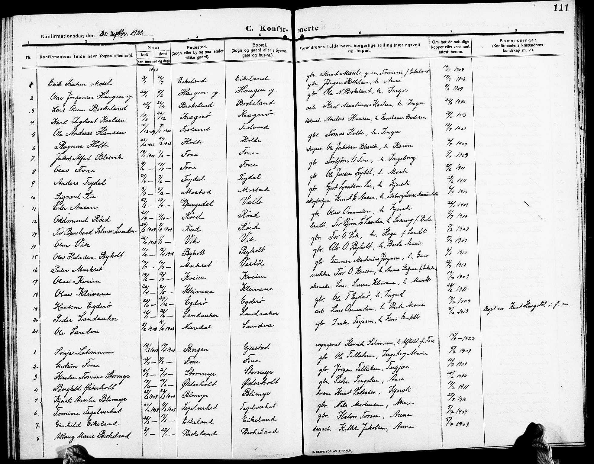 Gjerstad sokneprestkontor, AV/SAK-1111-0014/F/Fb/Fba/L0008: Parish register (copy) no. B 8, 1909-1925, p. 111