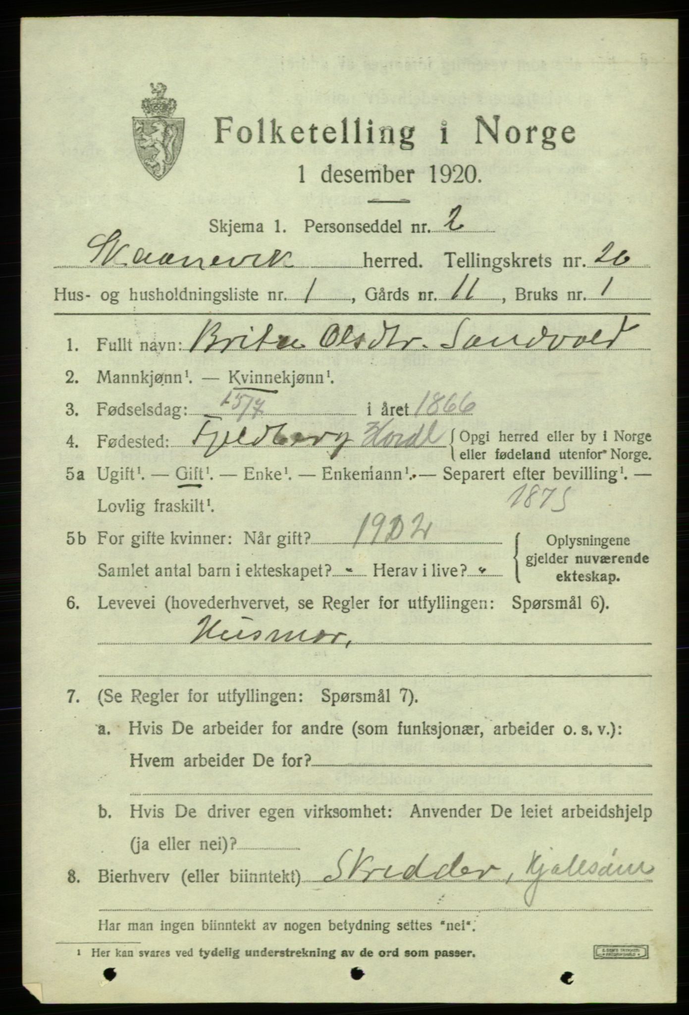 SAB, 1920 census for Skånevik, 1920, p. 7431