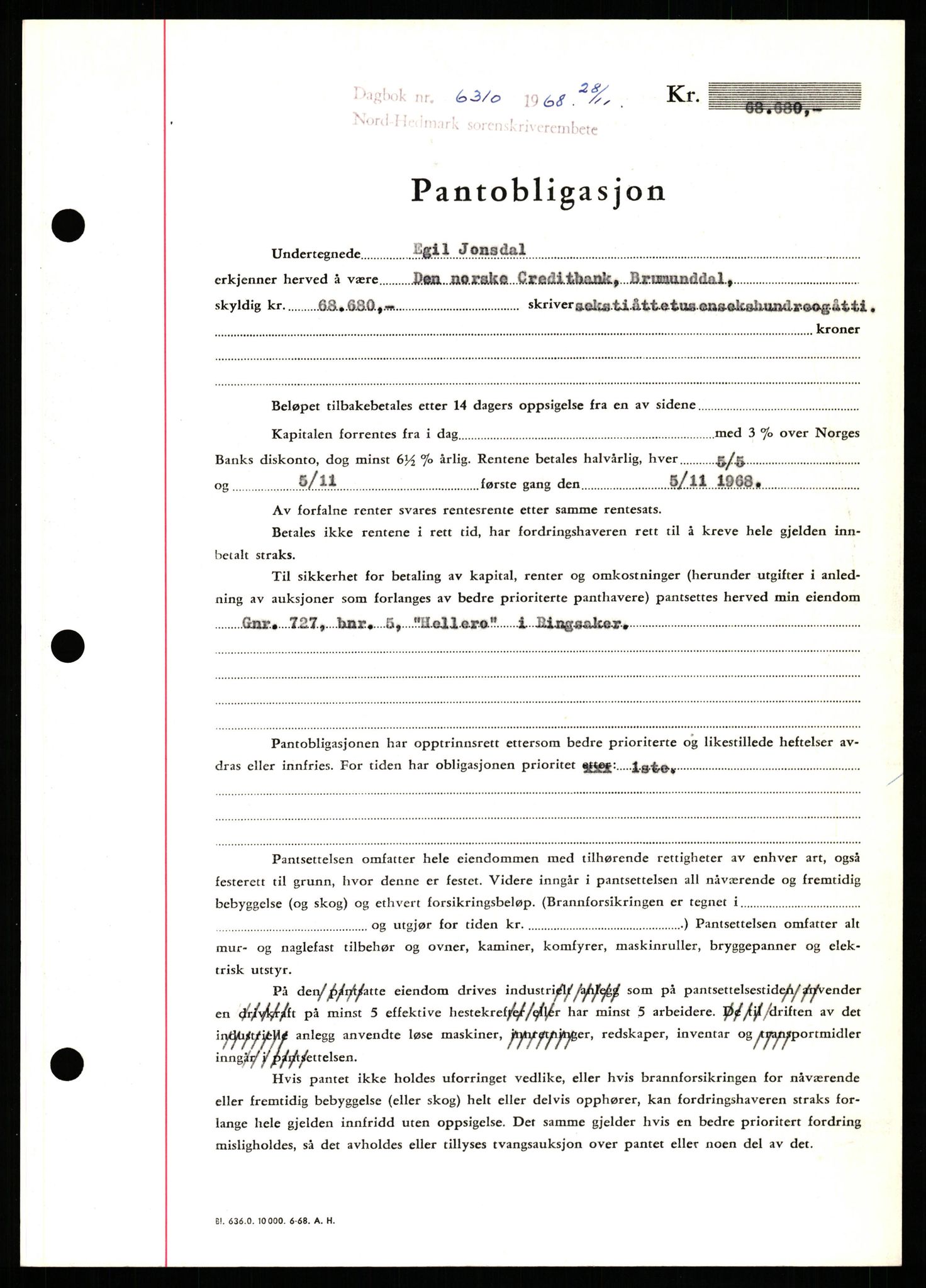 Nord-Hedmark sorenskriveri, SAH/TING-012/H/Hb/Hbf/L0077: Mortgage book no. B77, 1968-1969, Diary no: : 6310/1968
