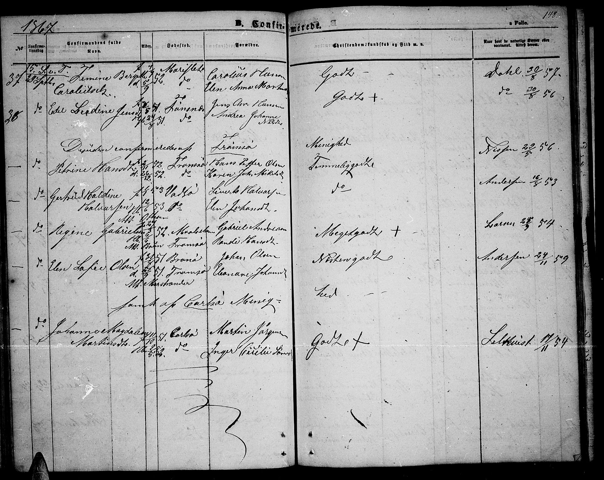 Tromsøysund sokneprestkontor, AV/SATØ-S-1304/G/Gb/L0001klokker: Parish register (copy) no. 1, 1857-1869, p. 148