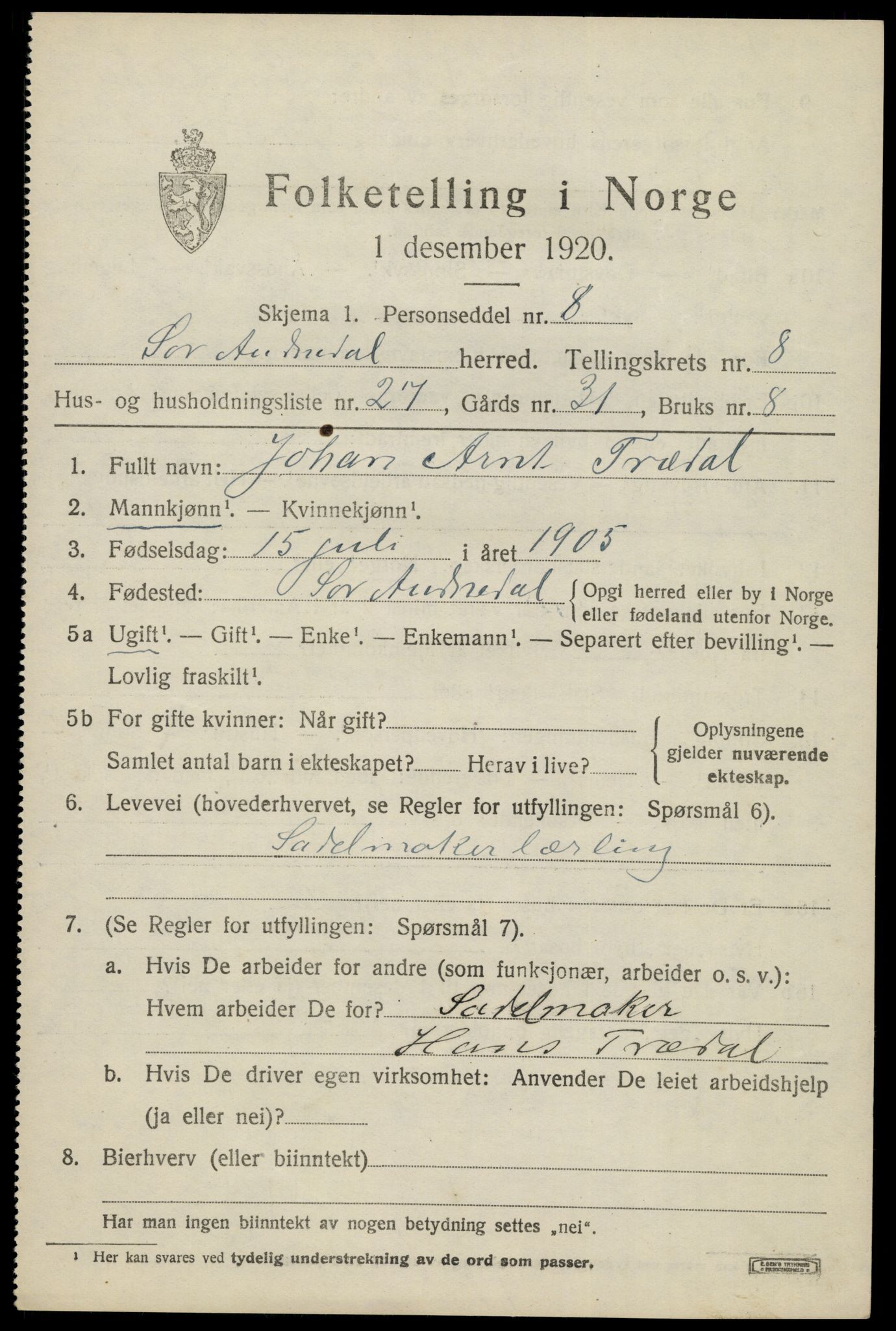 SAK, 1920 census for Sør-Audnedal, 1920, p. 3449