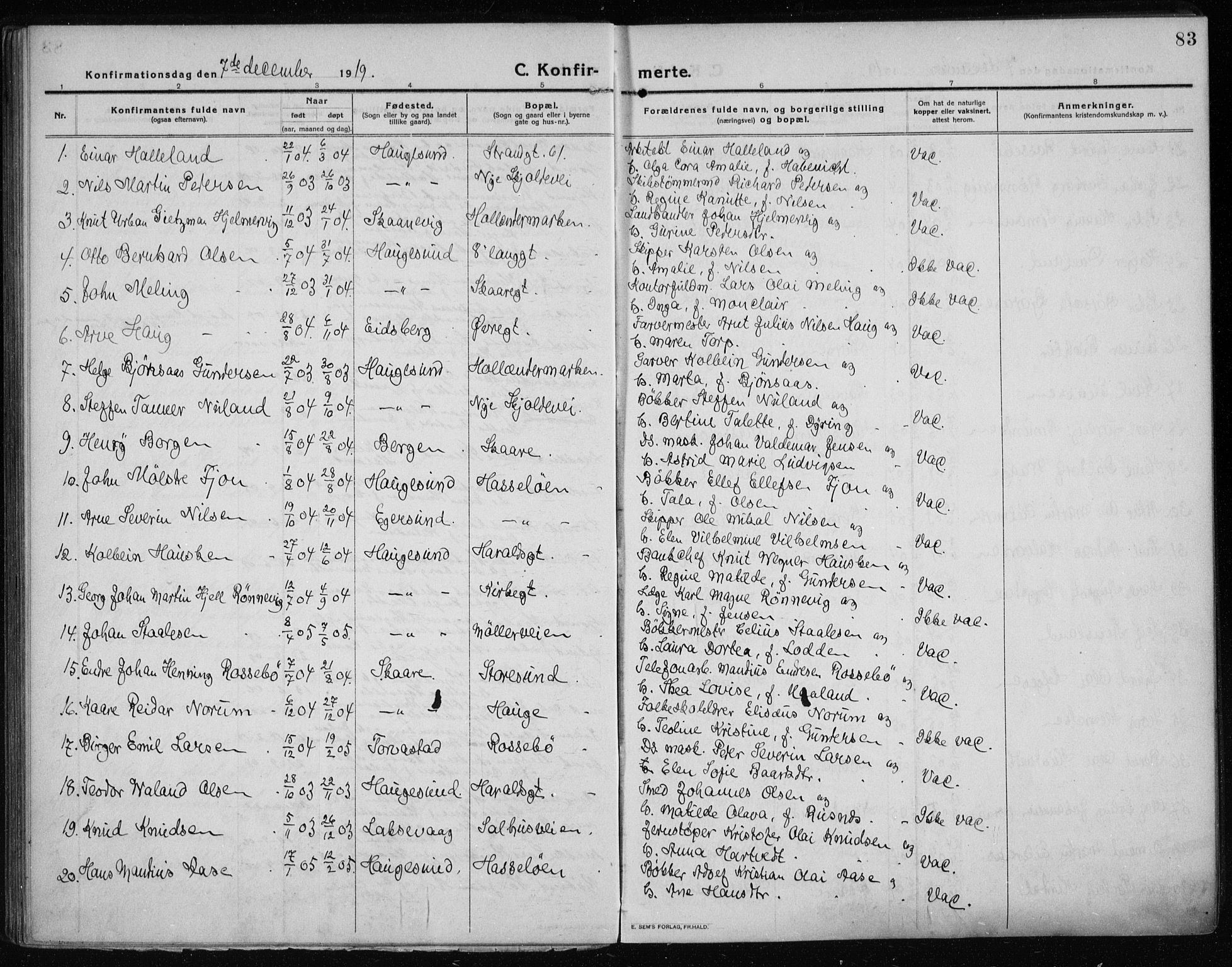 Haugesund sokneprestkontor, SAST/A -101863/H/Ha/Haa/L0009: Parish register (official) no. A 9, 1914-1929, p. 83