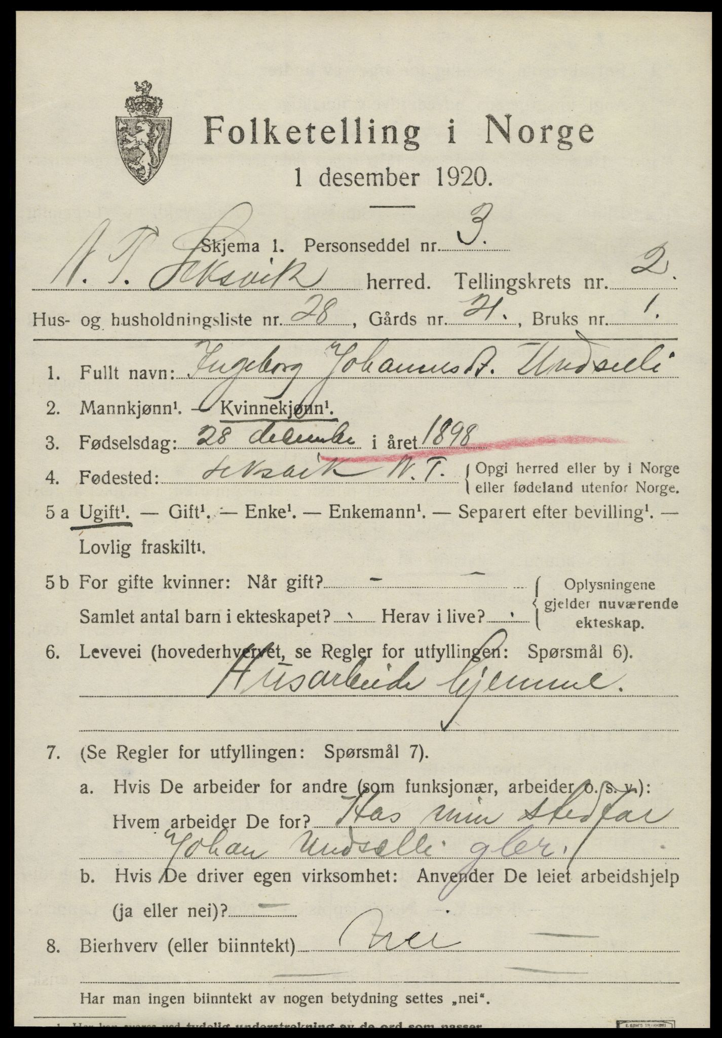 SAT, 1920 census for Leksvik, 1920, p. 2080