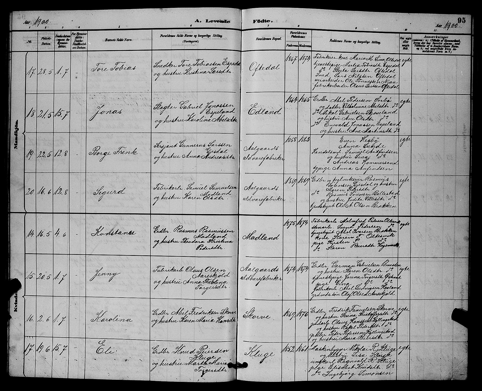 Lye sokneprestkontor, AV/SAST-A-101794/001/30BB/L0008: Parish register (copy) no. B 7, 1887-1901, p. 95