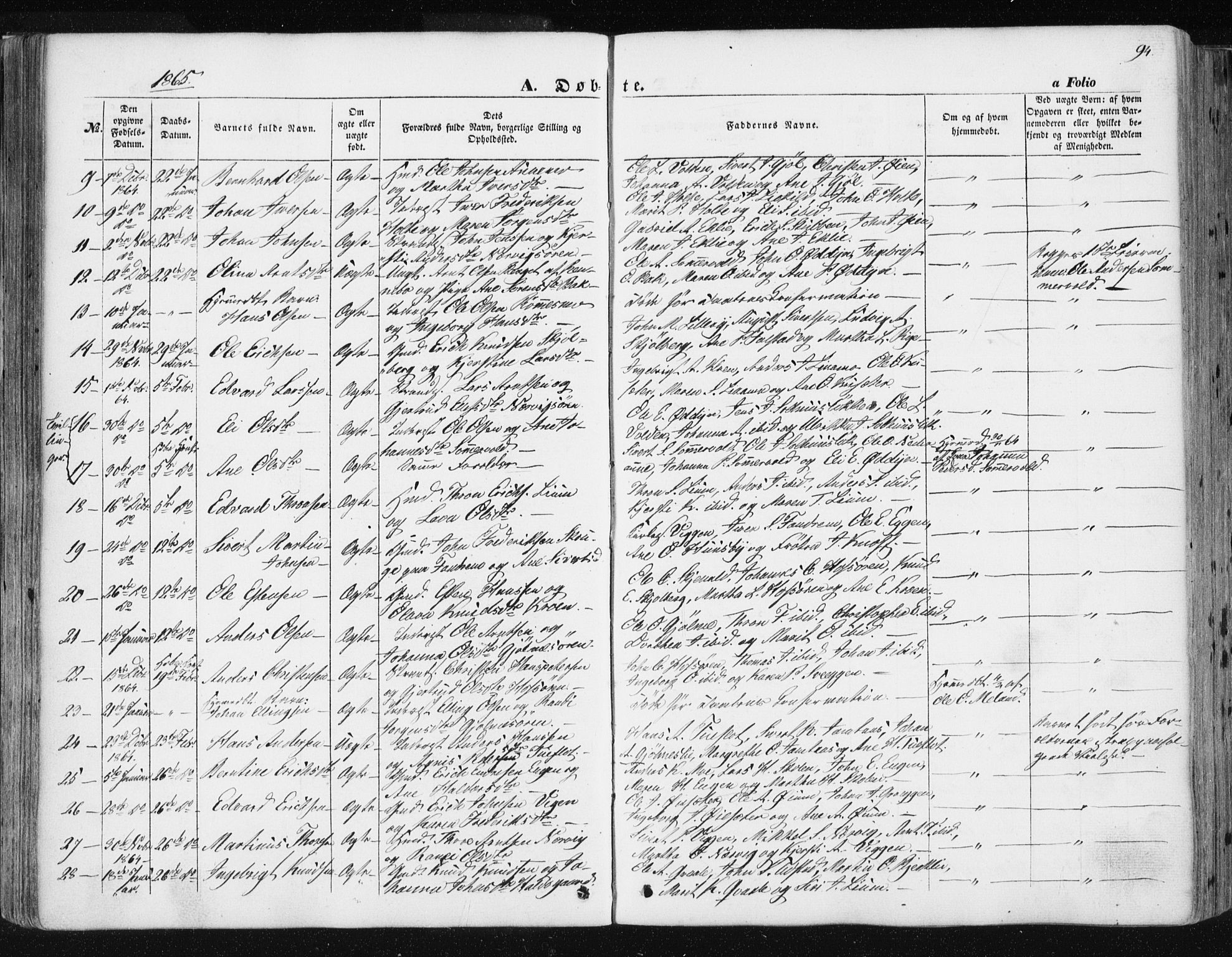 Ministerialprotokoller, klokkerbøker og fødselsregistre - Sør-Trøndelag, SAT/A-1456/668/L0806: Parish register (official) no. 668A06, 1854-1869, p. 94