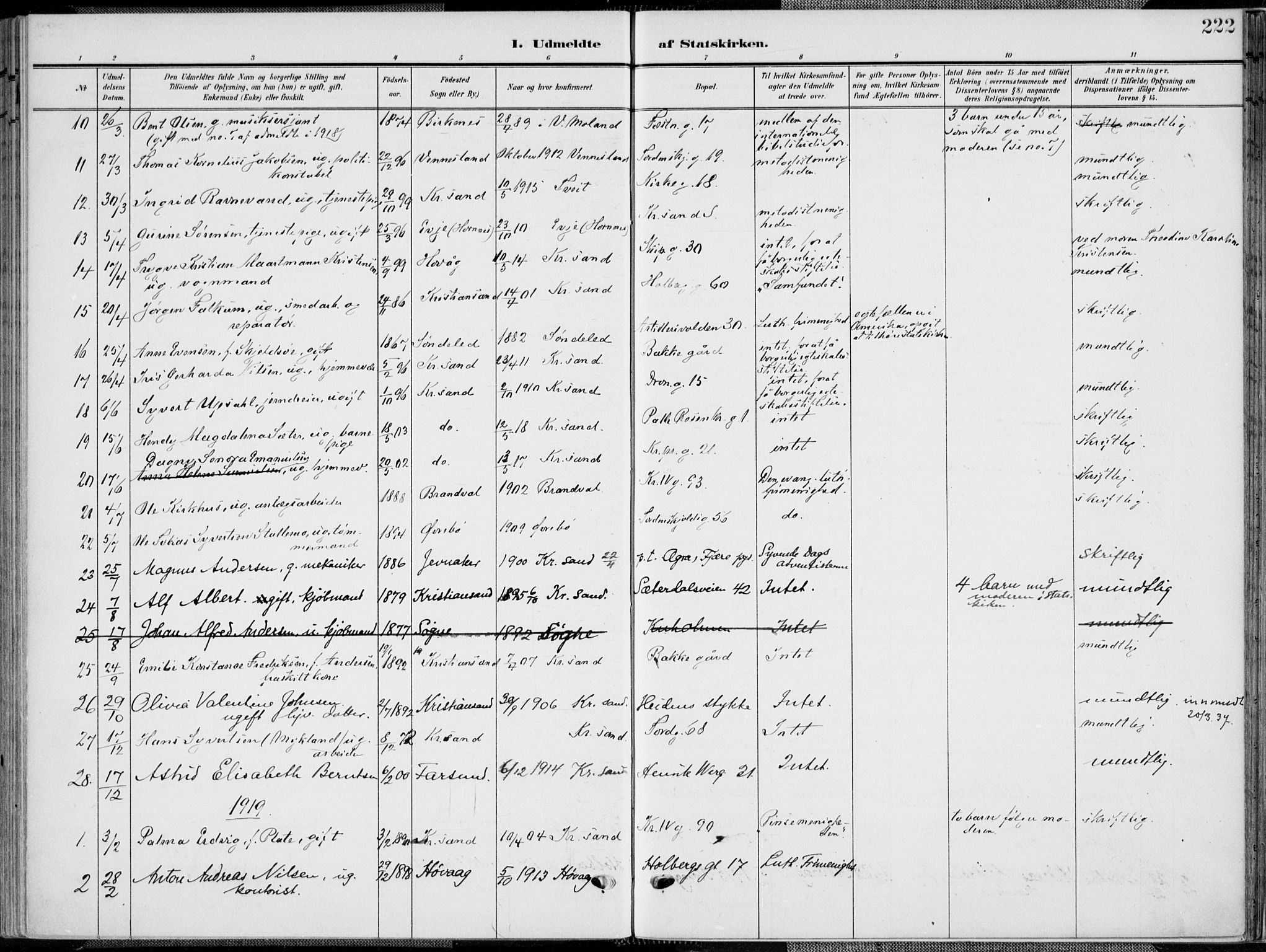 Kristiansand domprosti, SAK/1112-0006/F/Fa/L0022: Parish register (official) no. A 21, 1905-1916, p. 222