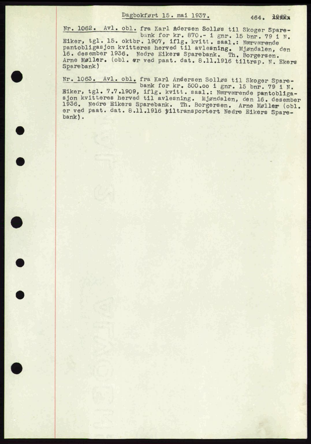 Eiker, Modum og Sigdal sorenskriveri, SAKO/A-123/G/Ga/Gab/L0035: Mortgage book no. A5, 1937-1937, Diary no: : 1062/1937