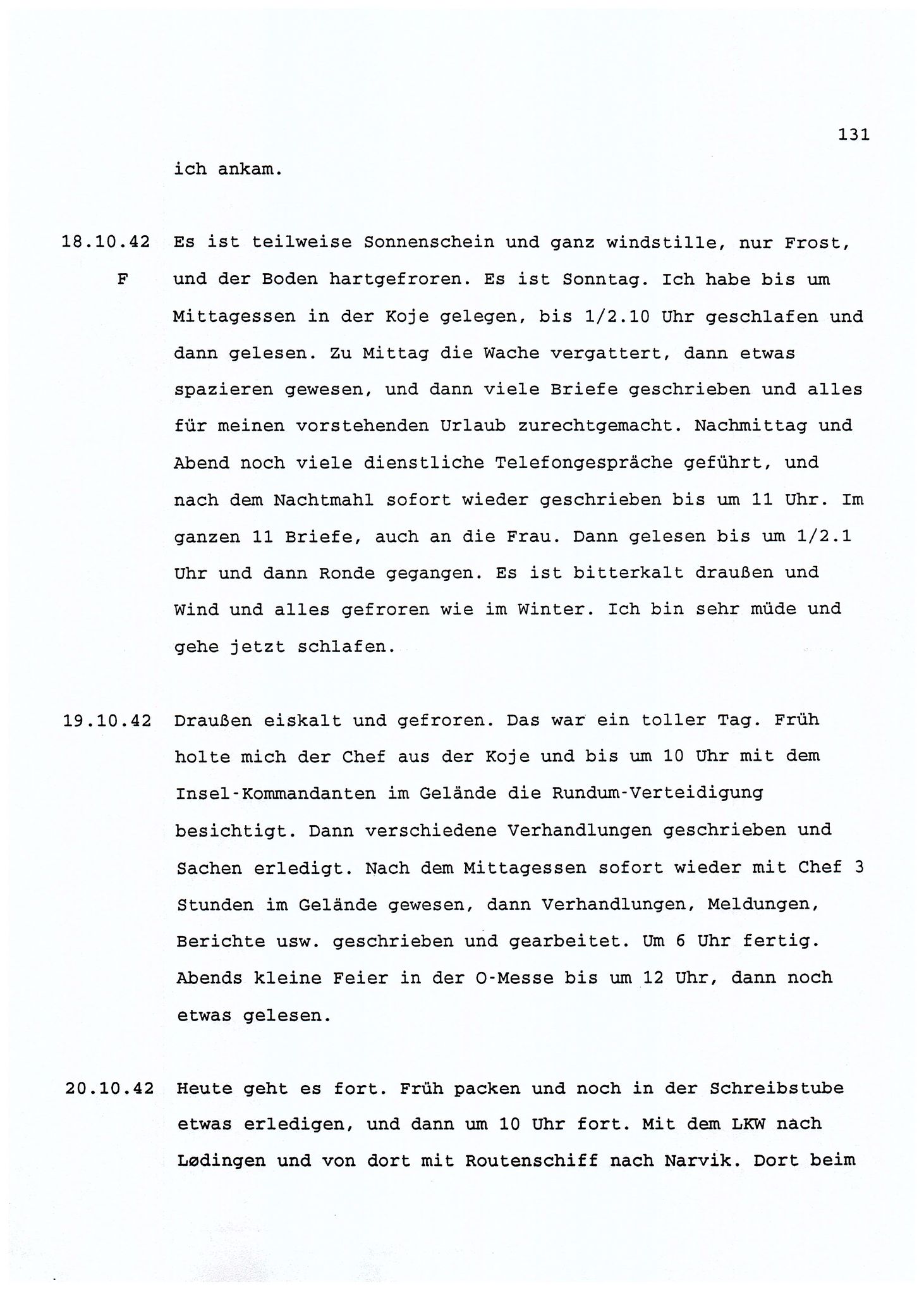 Dagbokopptegnelser av en tysk marineoffiser stasjonert i Norge , FMFB/A-1160/F/L0001: Dagbokopptegnelser av en tysk marineoffiser stasjonert i Norge, 1941-1944, p. 131