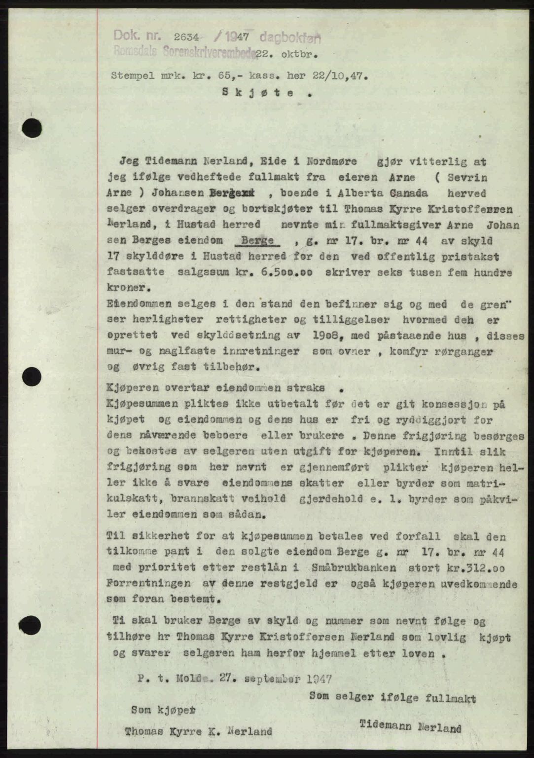 Romsdal sorenskriveri, SAT/A-4149/1/2/2C: Mortgage book no. A24, 1947-1947, Diary no: : 2634/1947