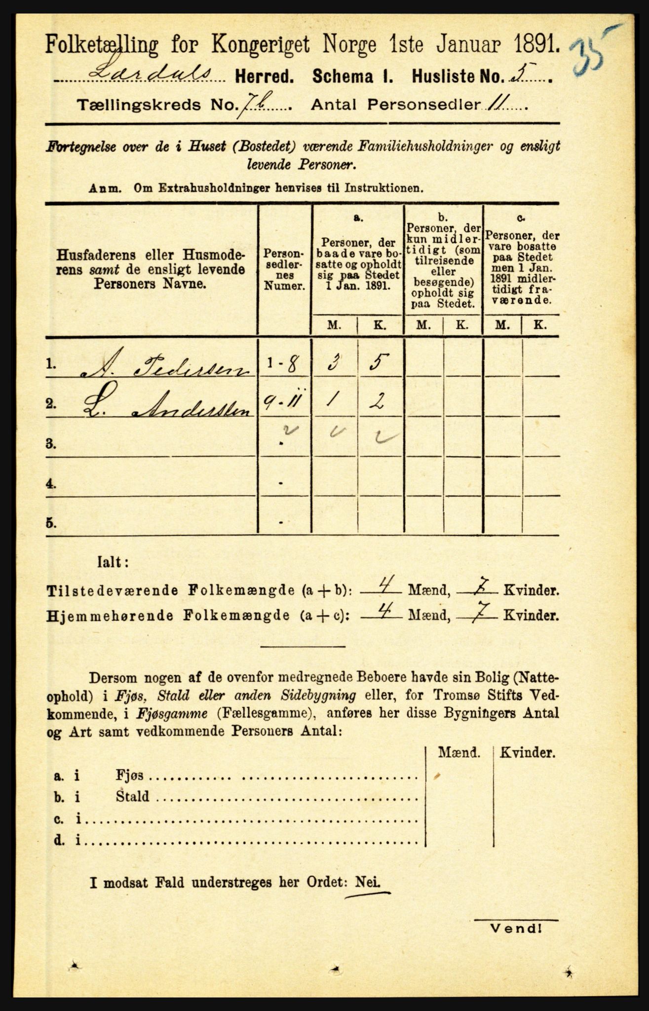 RA, 1891 census for 1422 Lærdal, 1891, p. 1111