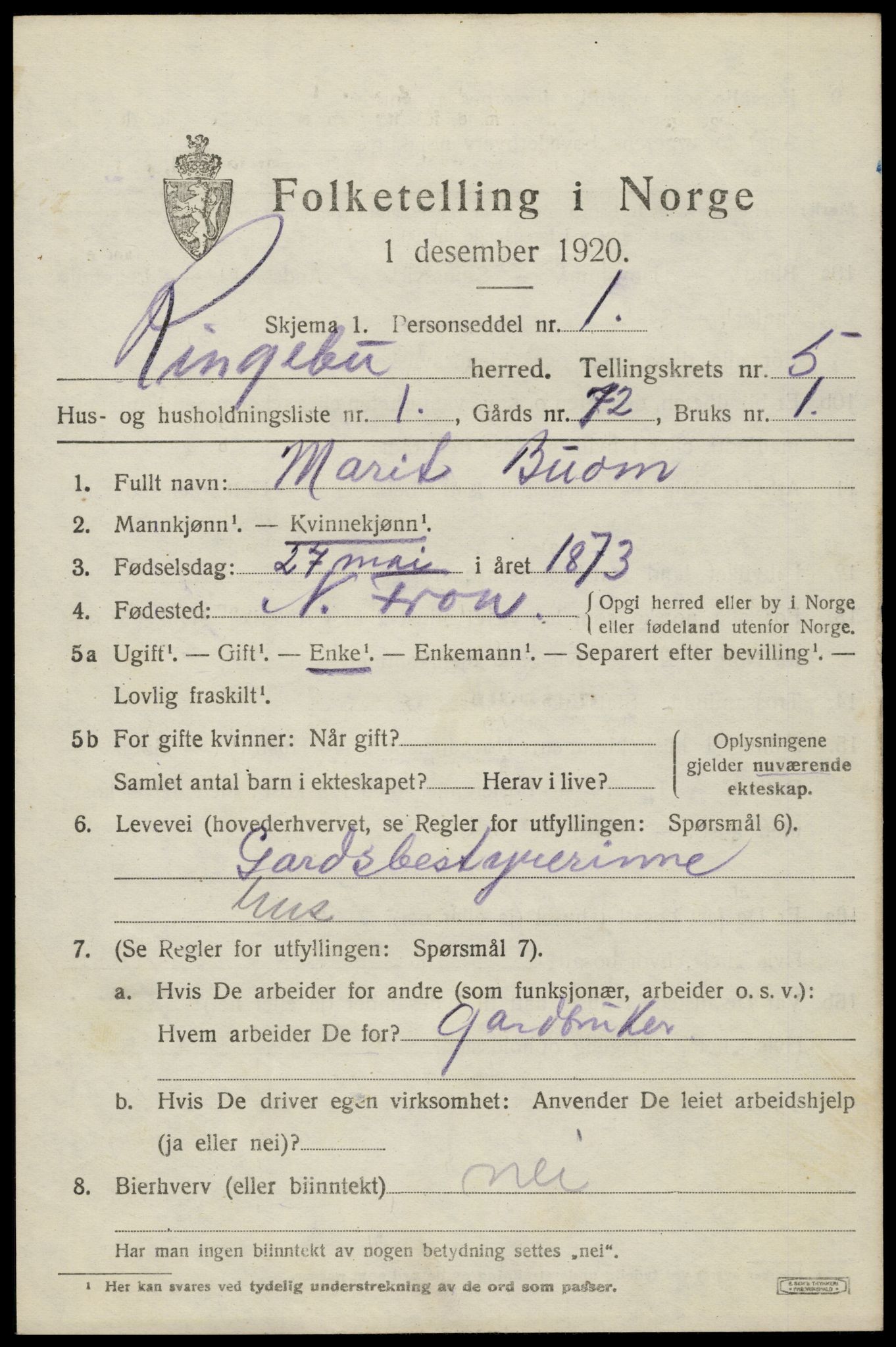 SAH, 1920 census for Ringebu, 1920, p. 5959