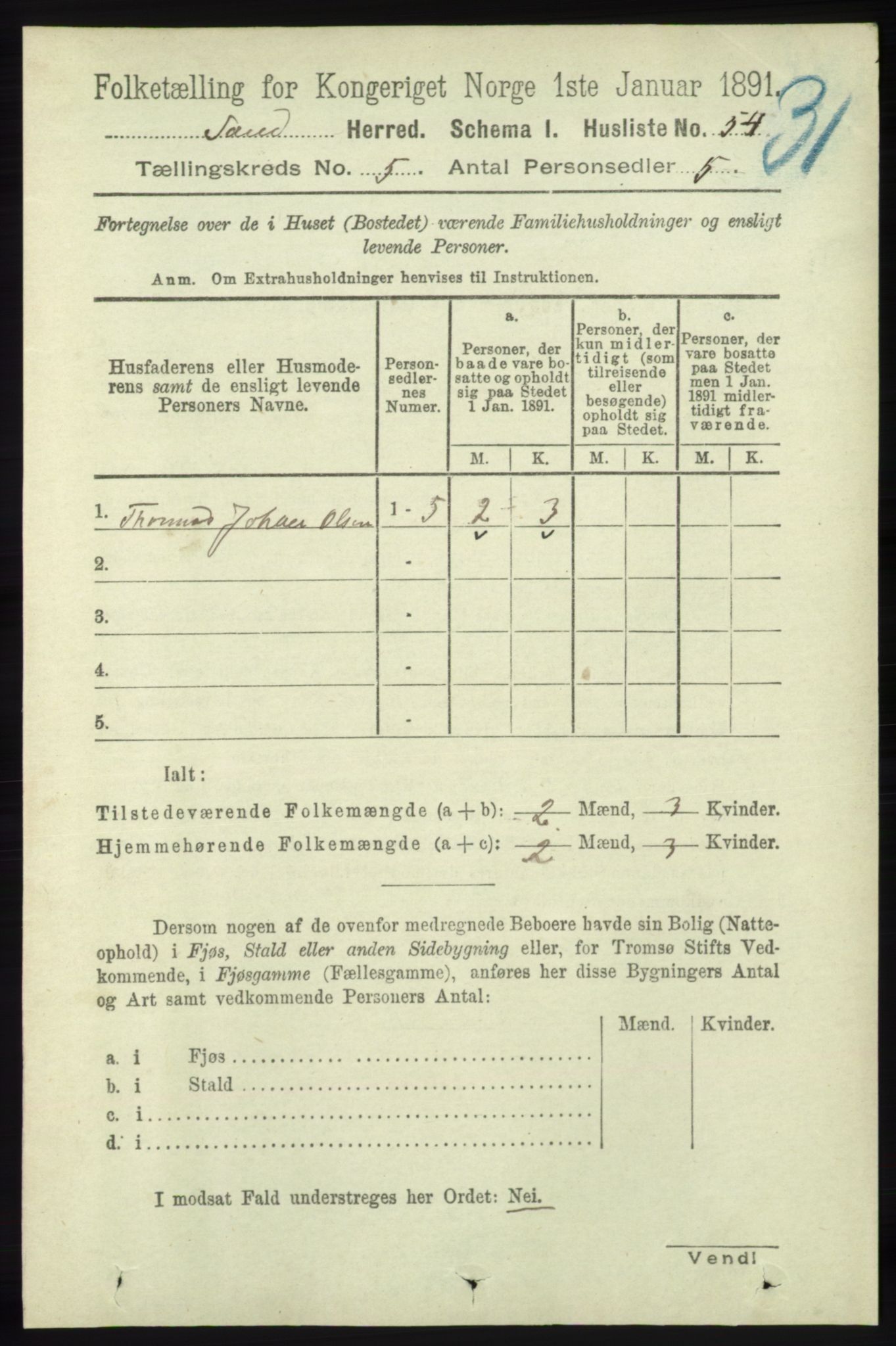 RA, 1891 census for 1136 Sand, 1891, p. 1538