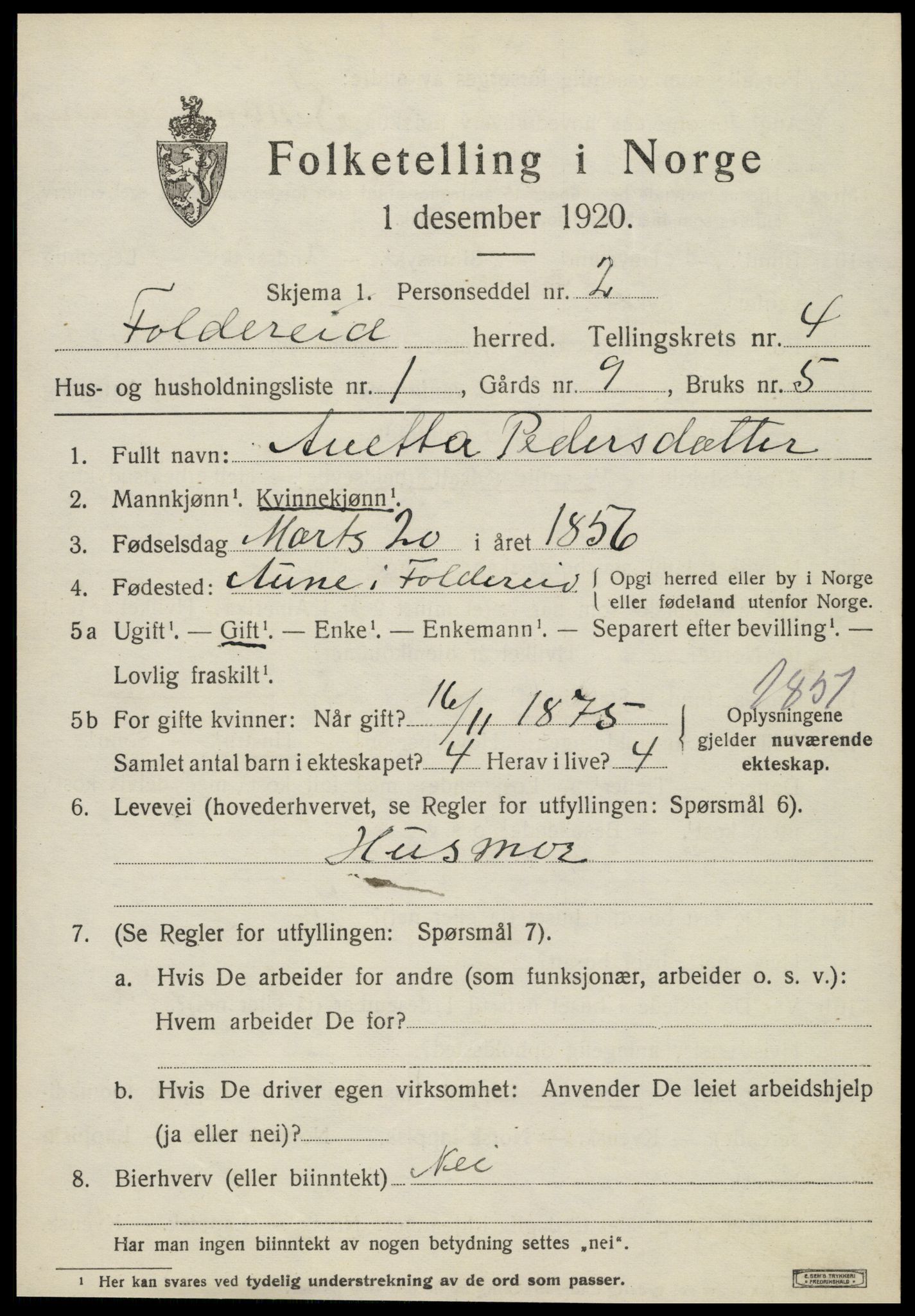 SAT, 1920 census for Foldereid, 1920, p. 1652