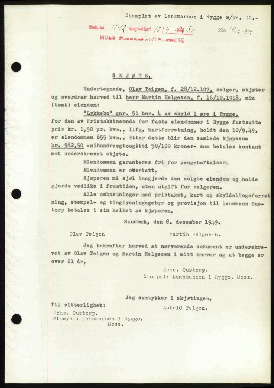 Moss sorenskriveri, SAO/A-10168: Mortgage book no. A25, 1950-1950, Diary no: : 1142/1950