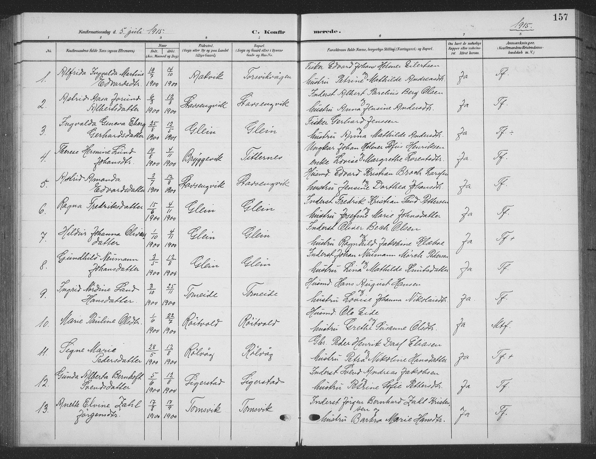 Ministerialprotokoller, klokkerbøker og fødselsregistre - Nordland, AV/SAT-A-1459/835/L0533: Parish register (copy) no. 835C05, 1906-1939, p. 157