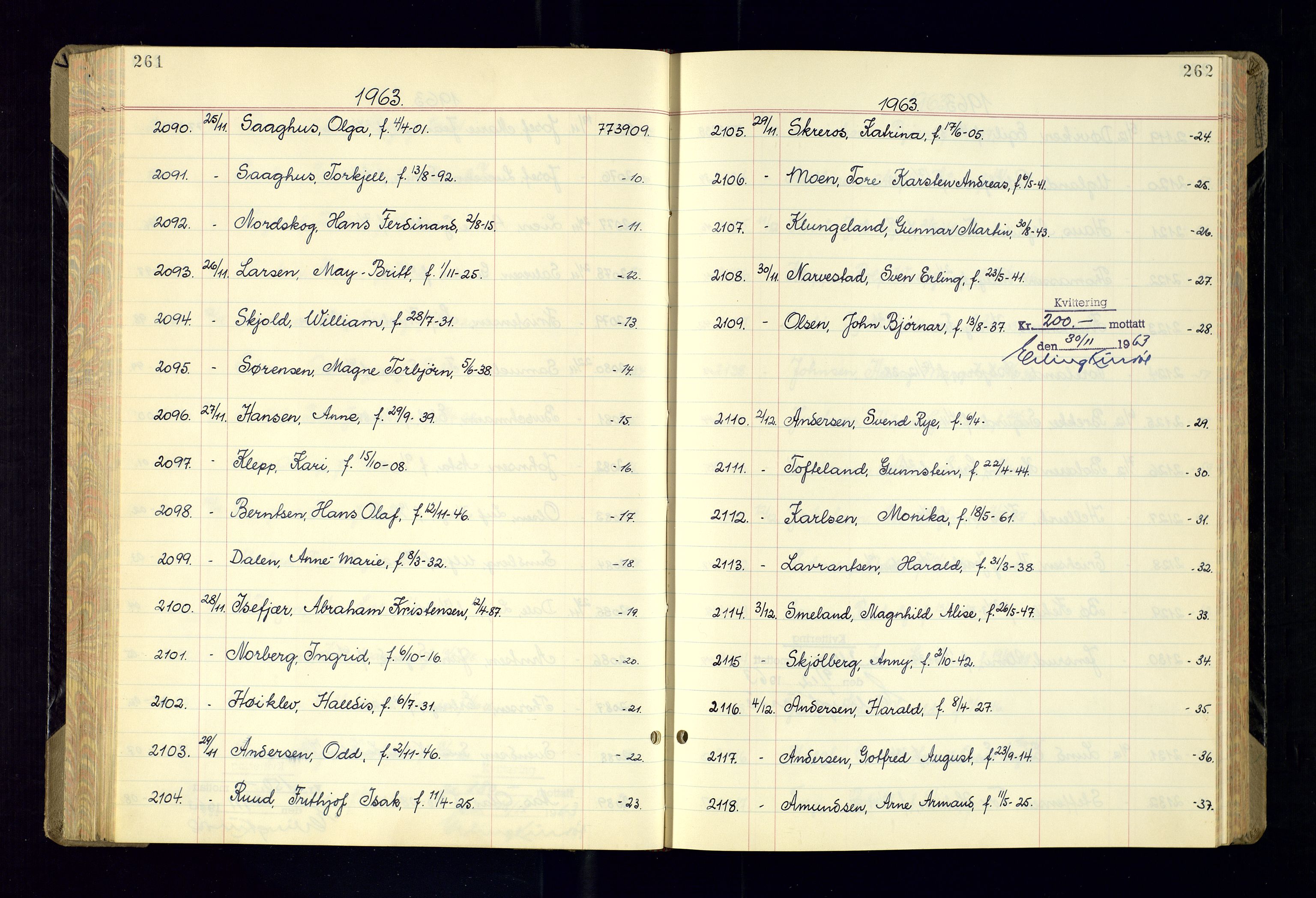 Kristiansand politikammer - 2, AV/SAK-1243-0009/K/Ka/Kaa/L0615: Passprotokoll, liste med løpenumre, 1962-1965, p. 261-262