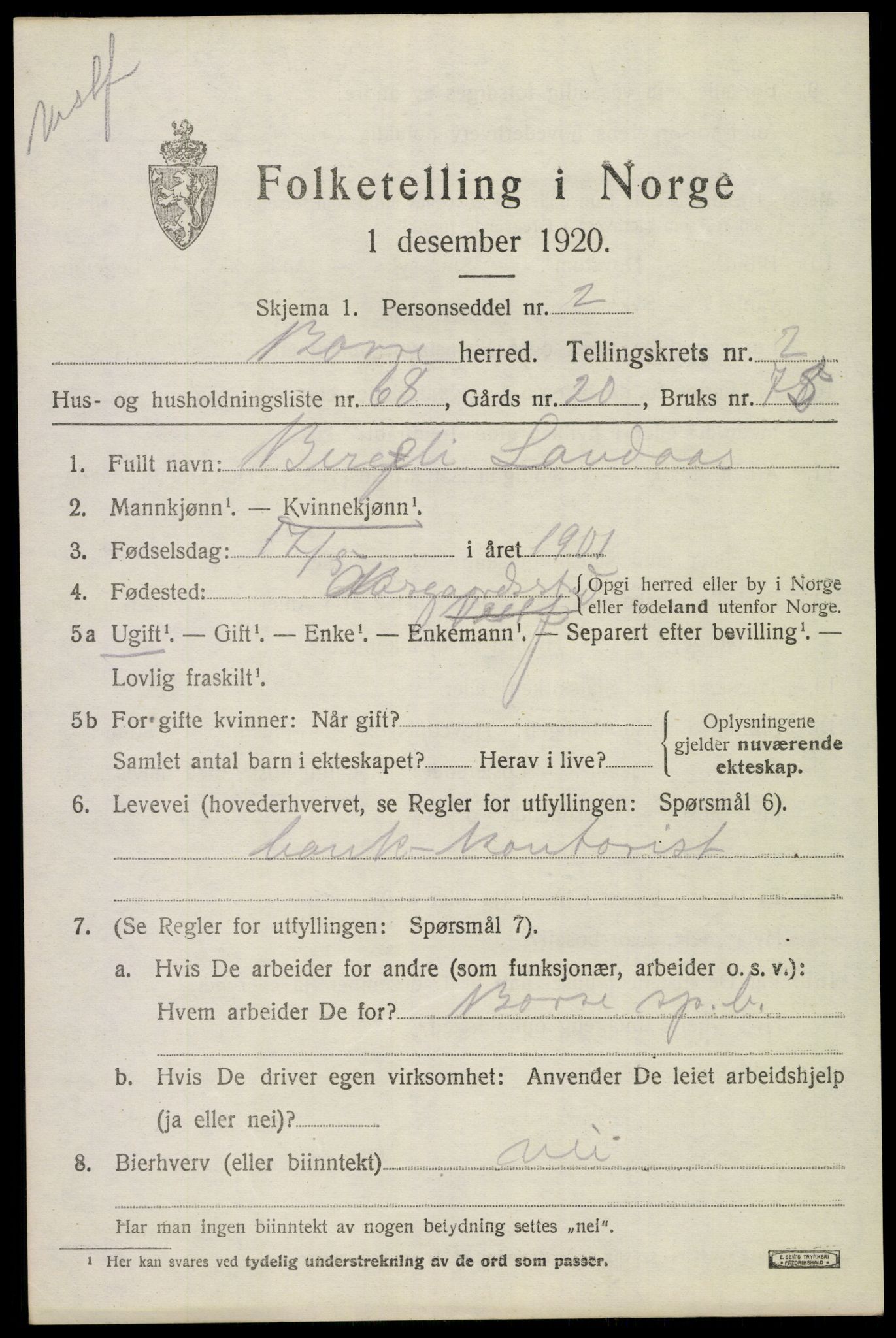 SAKO, 1920 census for Borre, 1920, p. 4962
