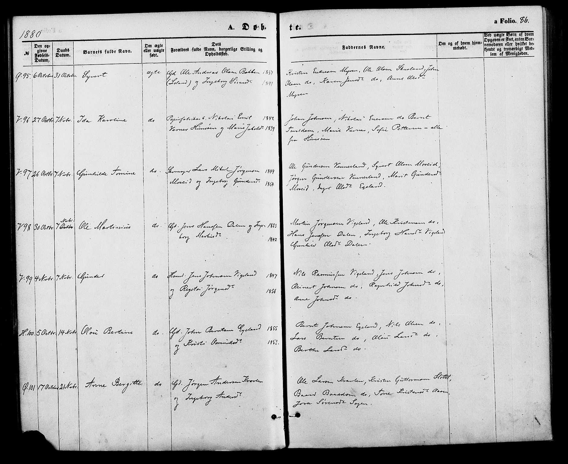 Vennesla sokneprestkontor, AV/SAK-1111-0045/Fa/Fac/L0008: Parish register (official) no. A 8, 1874-1883, p. 86