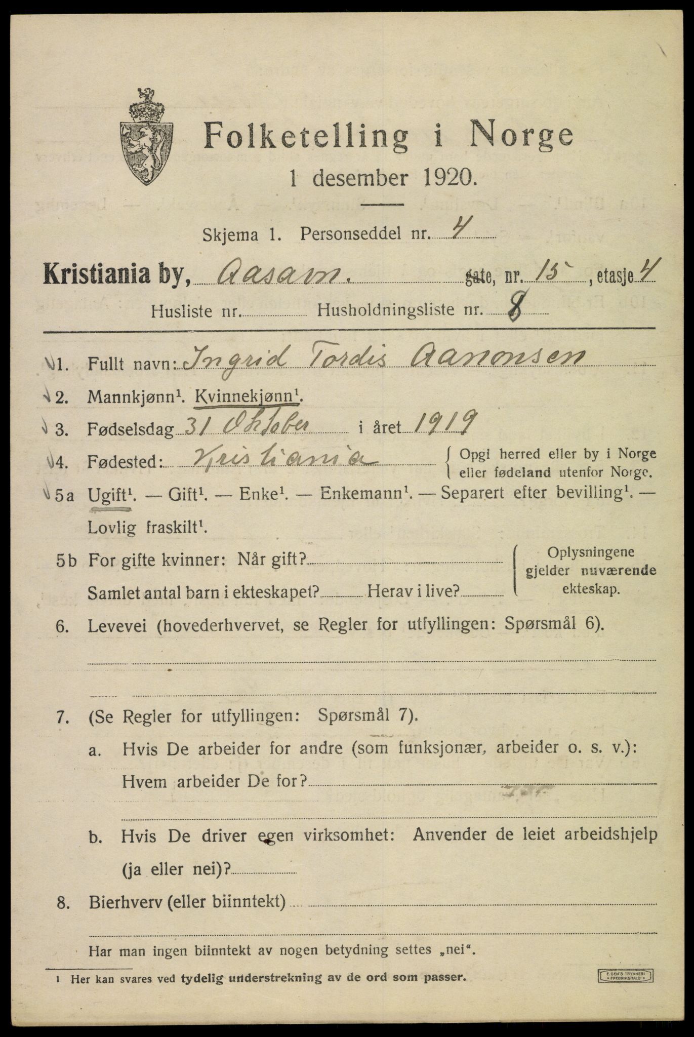 SAO, 1920 census for Kristiania, 1920, p. 136699