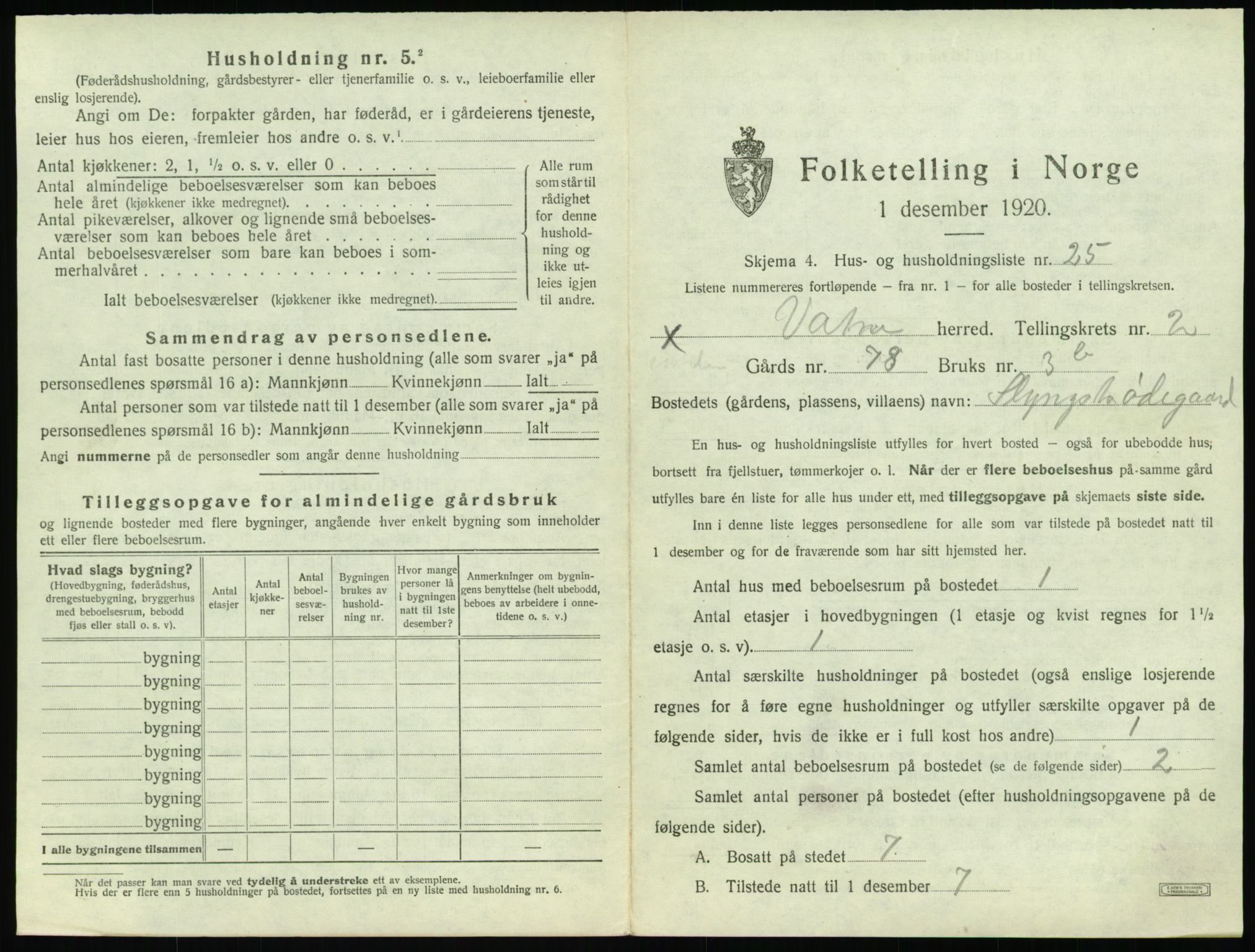 SAT, 1920 census for Vatne, 1920, p. 164